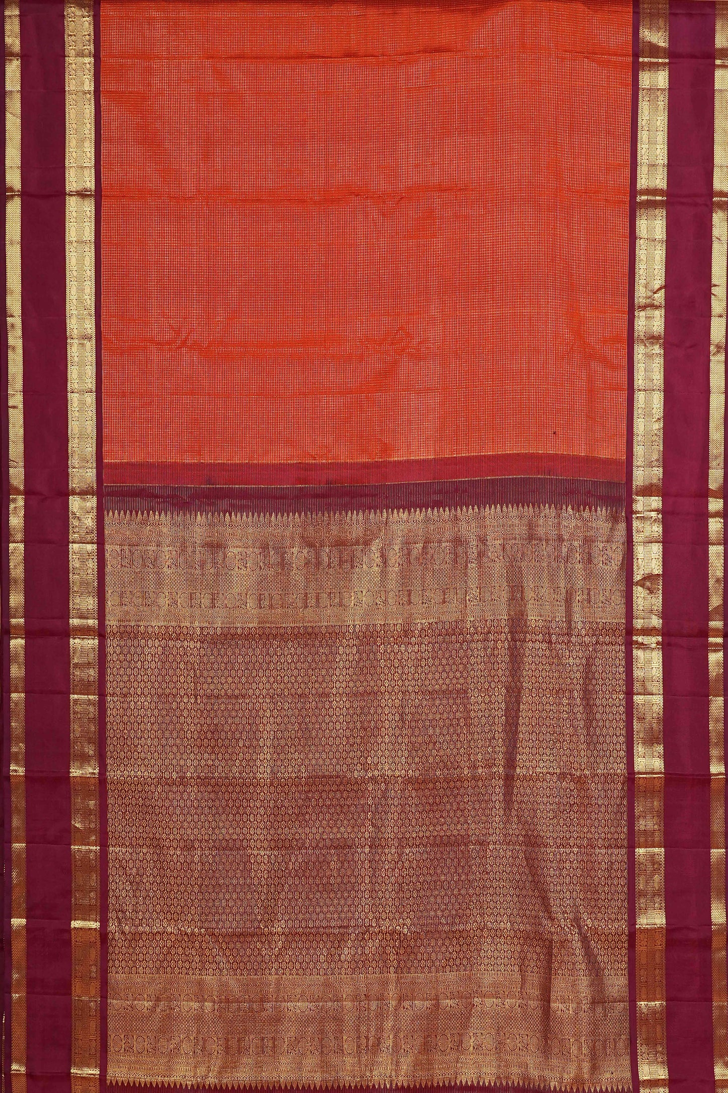 Rust Orange & Maroon Vaira Oosi Border Kanchipuram Pure Silk Saree