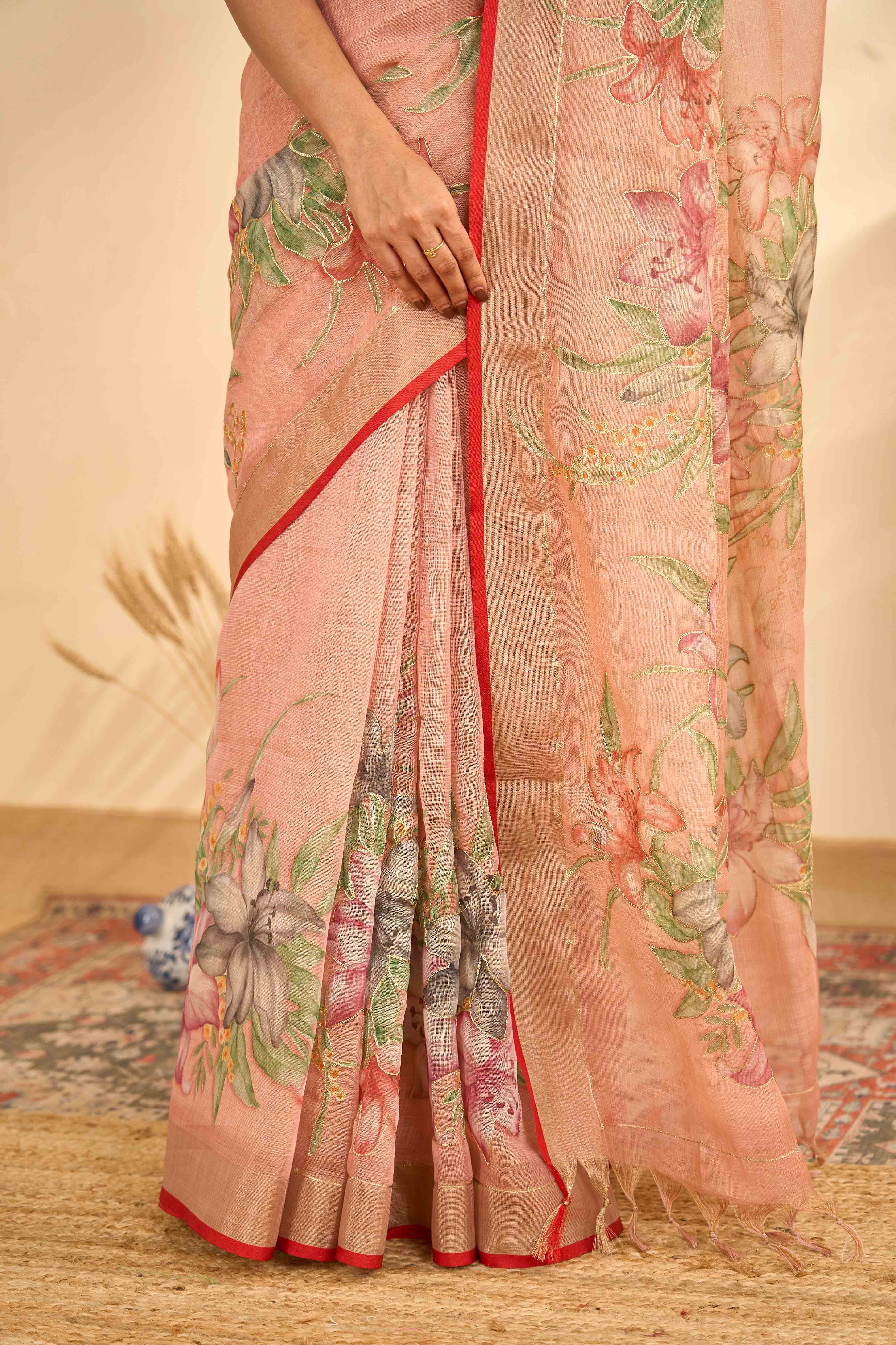 Peach Linen Sarees With Aari Work And Digital Printed