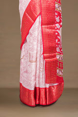White Dola Silk Saree Detailing Pen Kalamkari Print With Contrast Pallu Along With Star Motifs Blouse