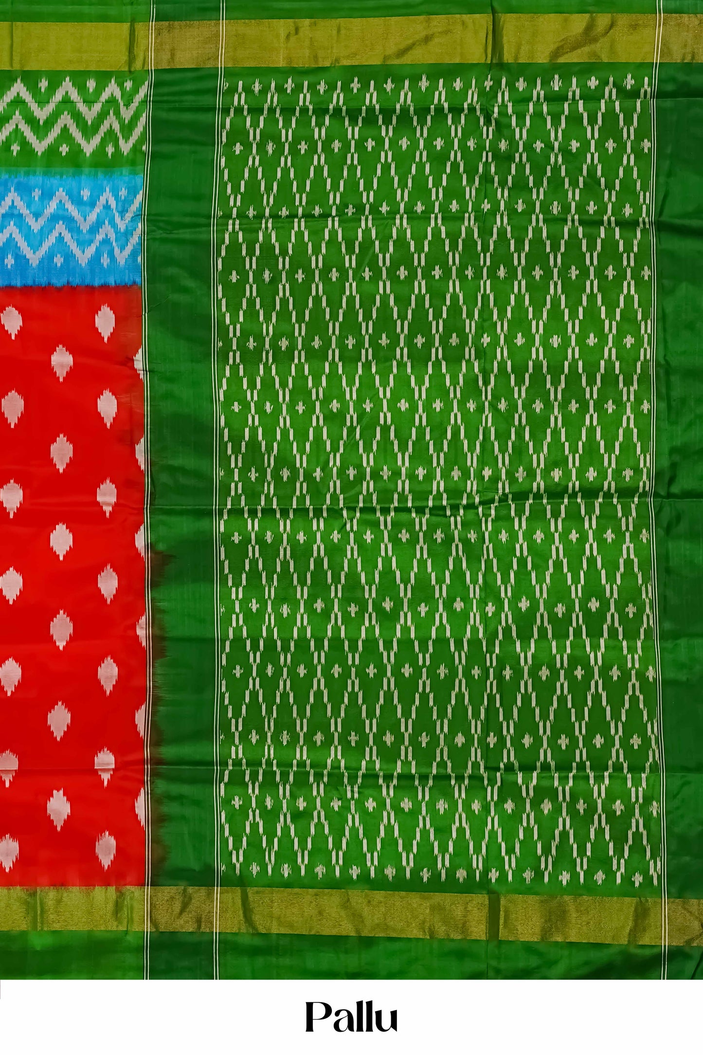 Multicolor Ikkat Pure Silk Saree with Red Body, Blue Accents and Green Contrast Border