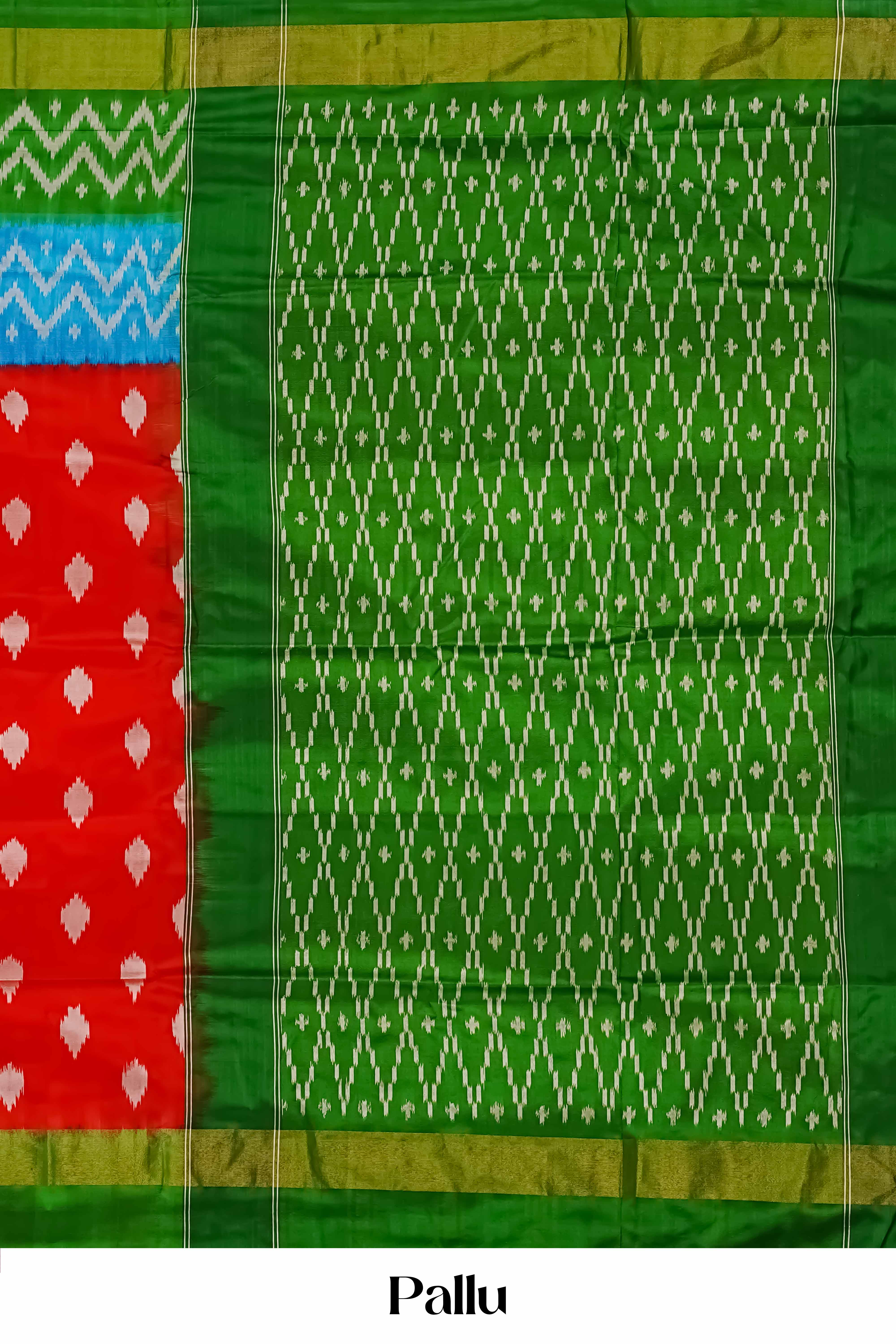 Multicolor Ikkat Pure Silk Saree with Red Body, Blue Accents and Green Contrast Border