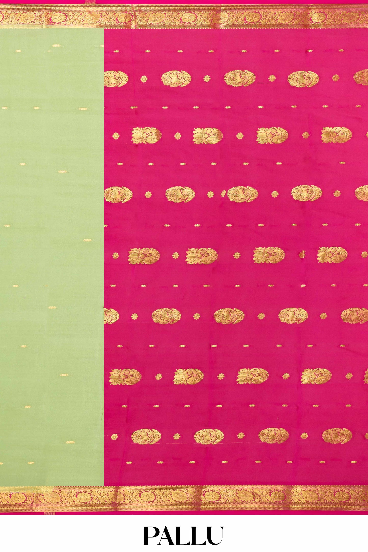 Pista Green Pure Mysore Silk Saree with Contrast Maroon Zari Border, Gold Butta Motifs & Rich Pallu