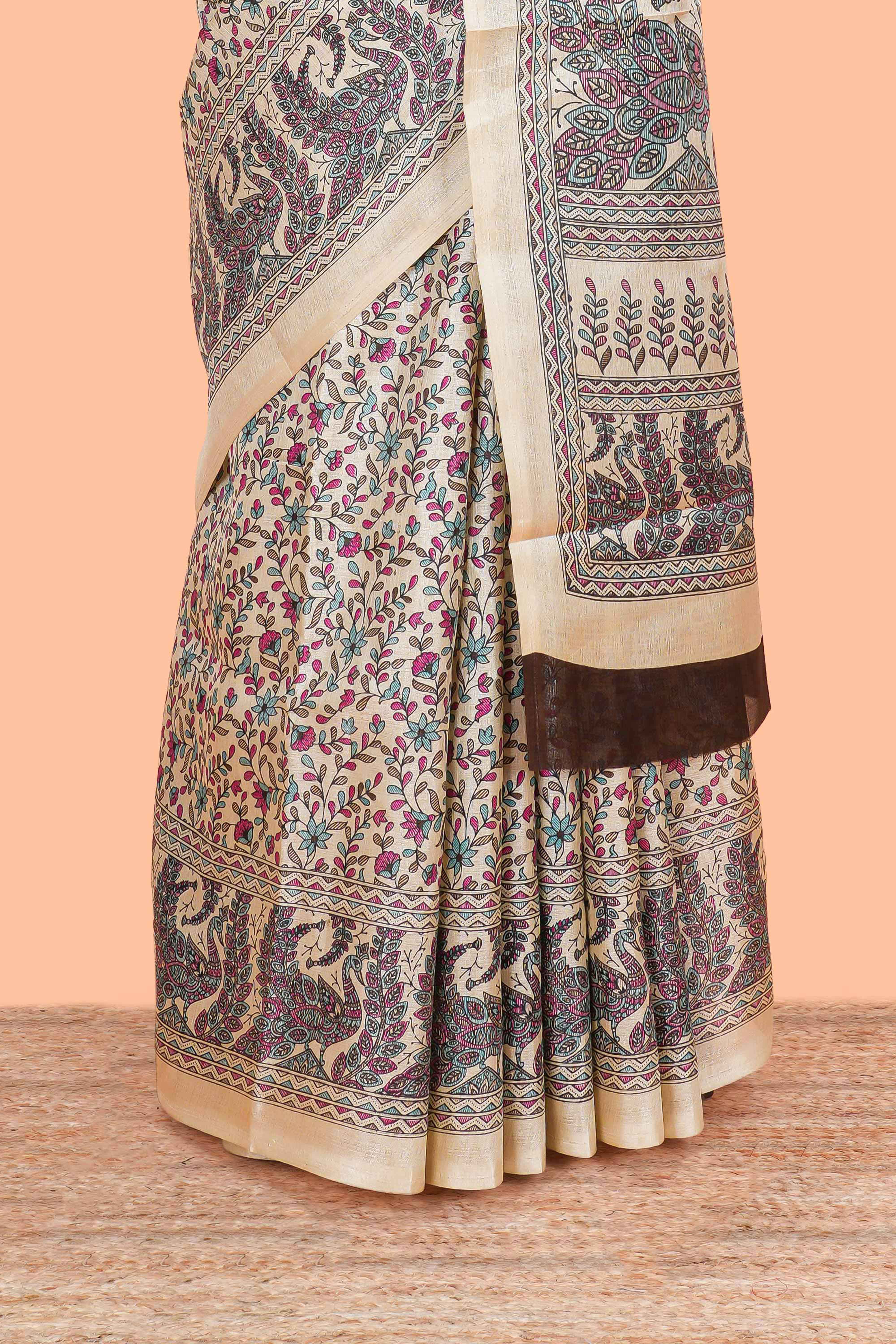 Sandal floral madhupani print south cotton saree with self border and contrast blouse