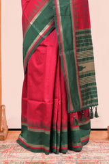 Maroon Retta Petta Art Silk Saree With Plain Body Retta Petta Border Contrast Intricate Gold Zari Stripes Pallu Along With Geometric Motifs Blouse