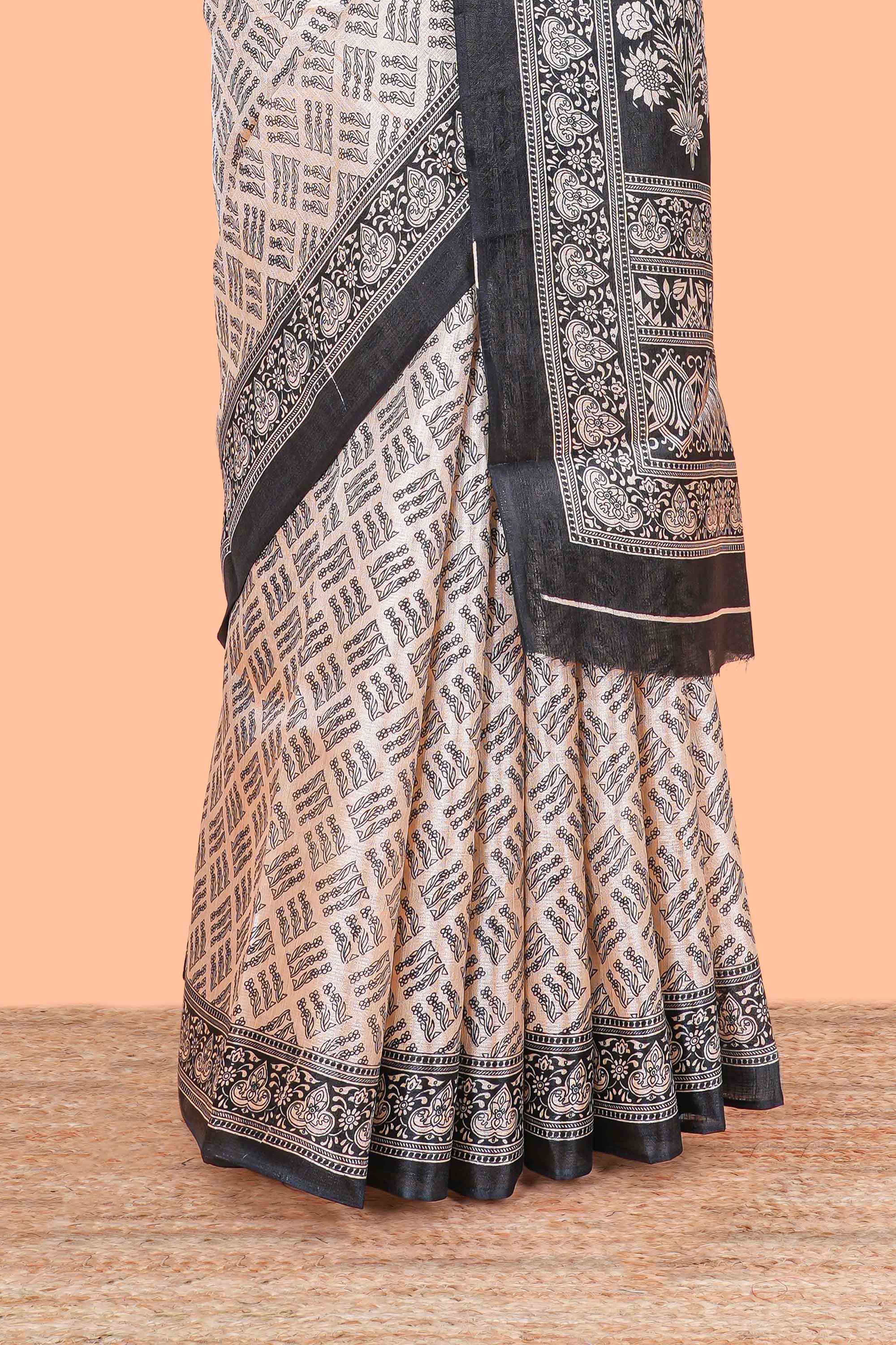 Sandal floral print all over body south cotton saree with contrast border and blouse