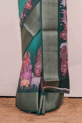 Green Semi Chiffon Pattachitra Printed Saree With Jacquard Border Along With Blouse