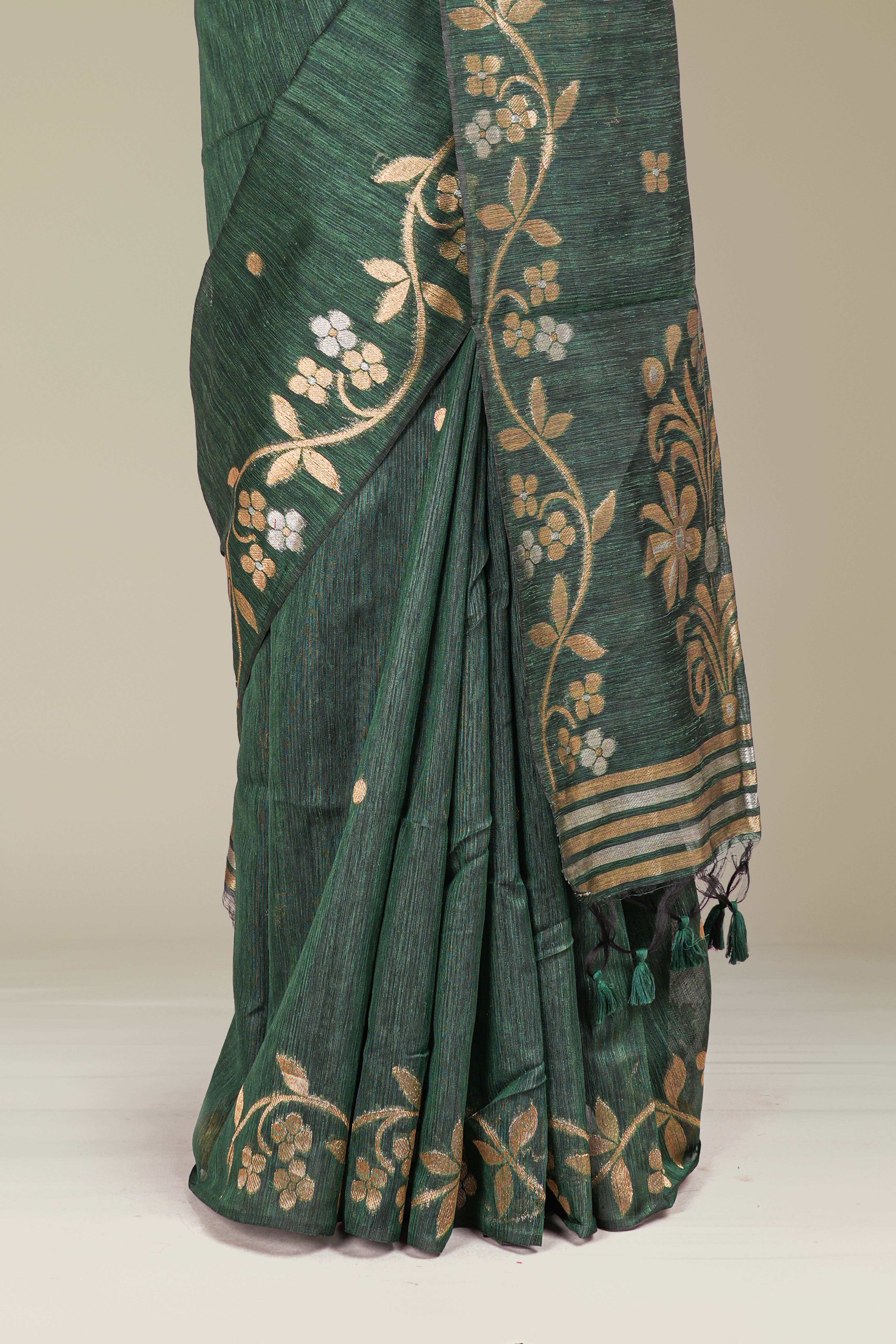 Munga Cotton Saree All Over Zari Butta With Floral Design Pallu