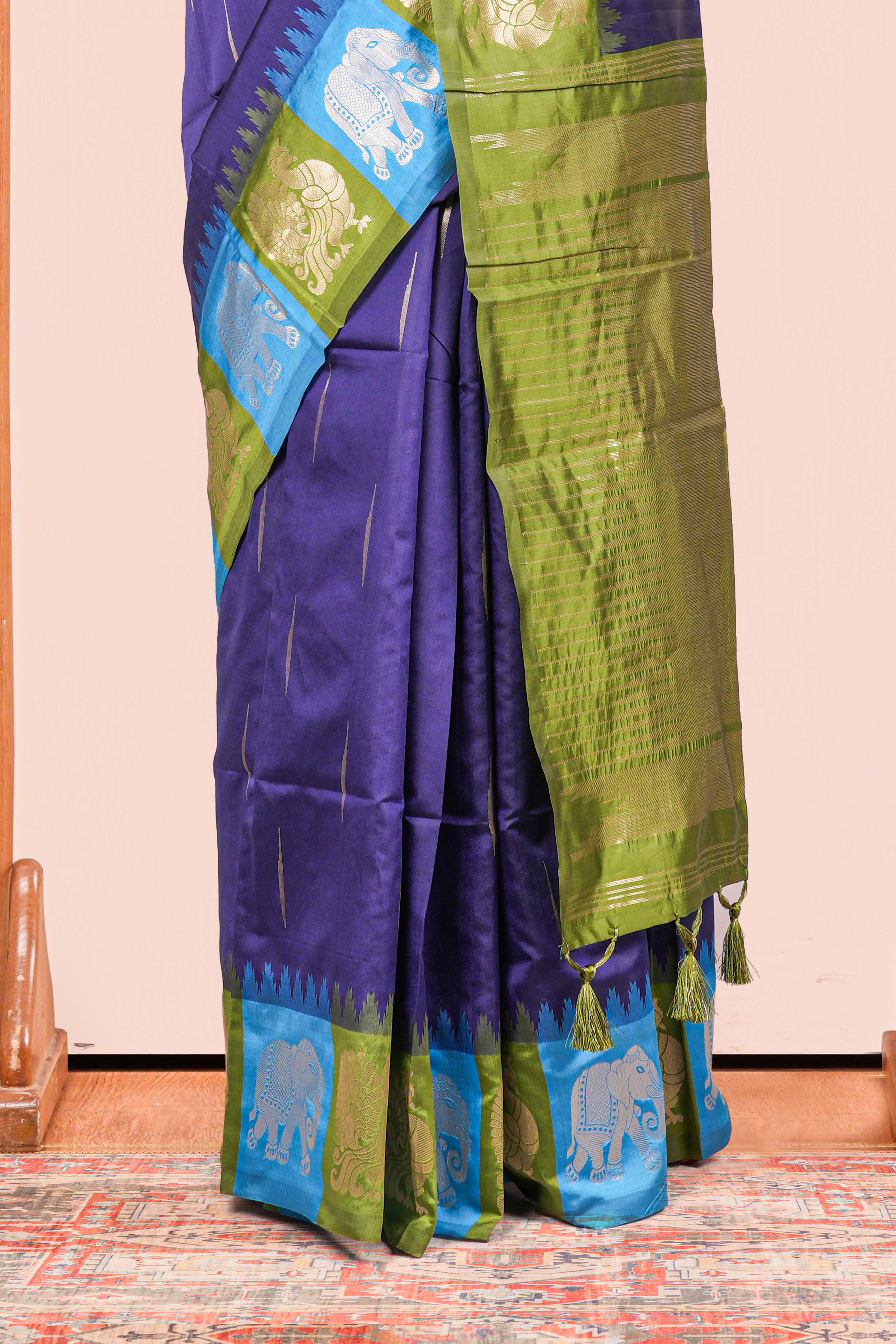 Navy Blue Semi Art Silk Saree Detailing Zari Butta And Border Are Highlight Contrast Color With IntricateZari Woven Elephant, Peacock Motifs With Golden Zari Weaving Pallu