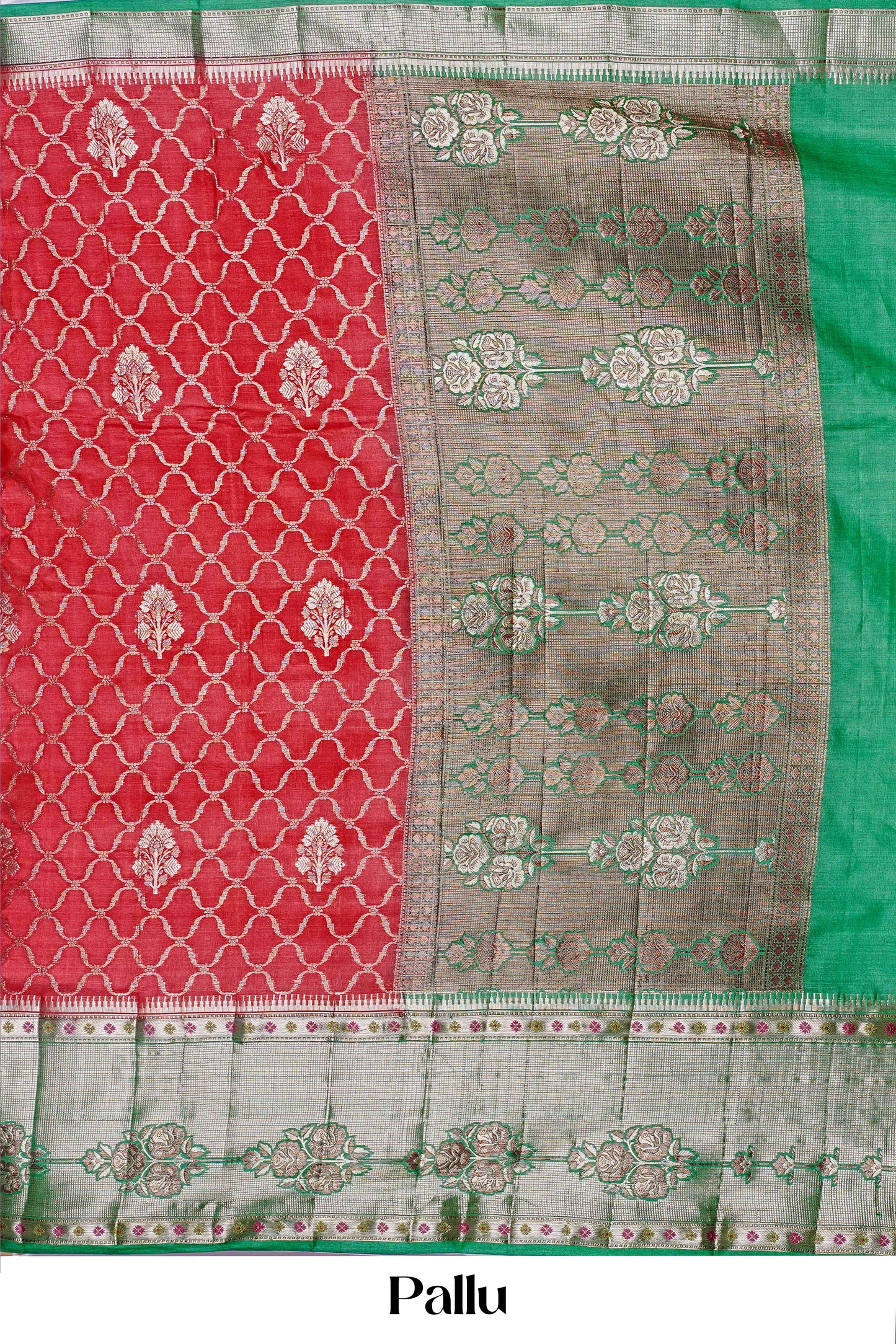 Pure Tussar Silk Saree in Deep Red with Green Border and Silver Zari Floral Weaving – Elegant Festive Collection