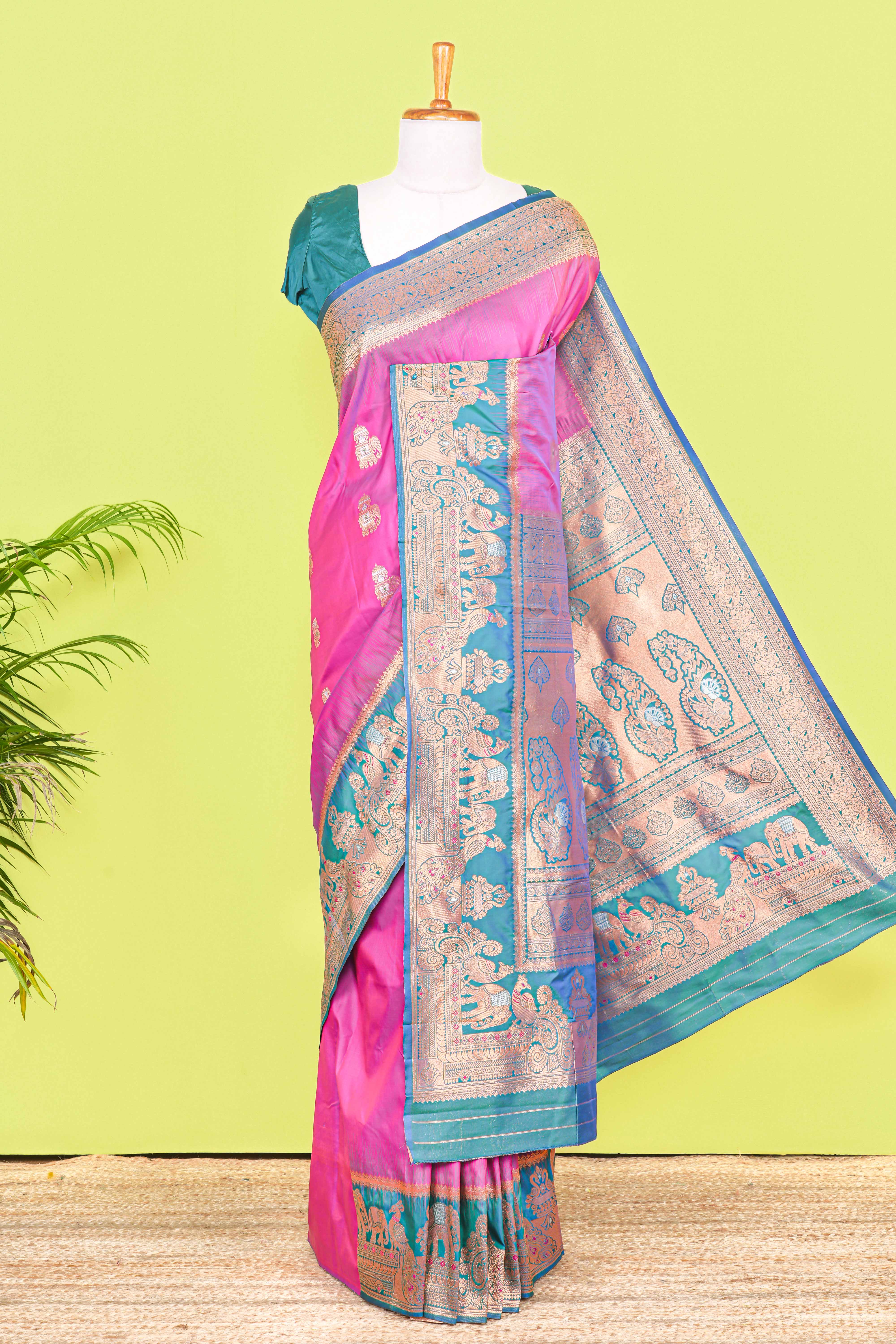 Art Silk Saree Zari Butta Across The Body With Zari Weaving Mayil, Floral Design Pallu