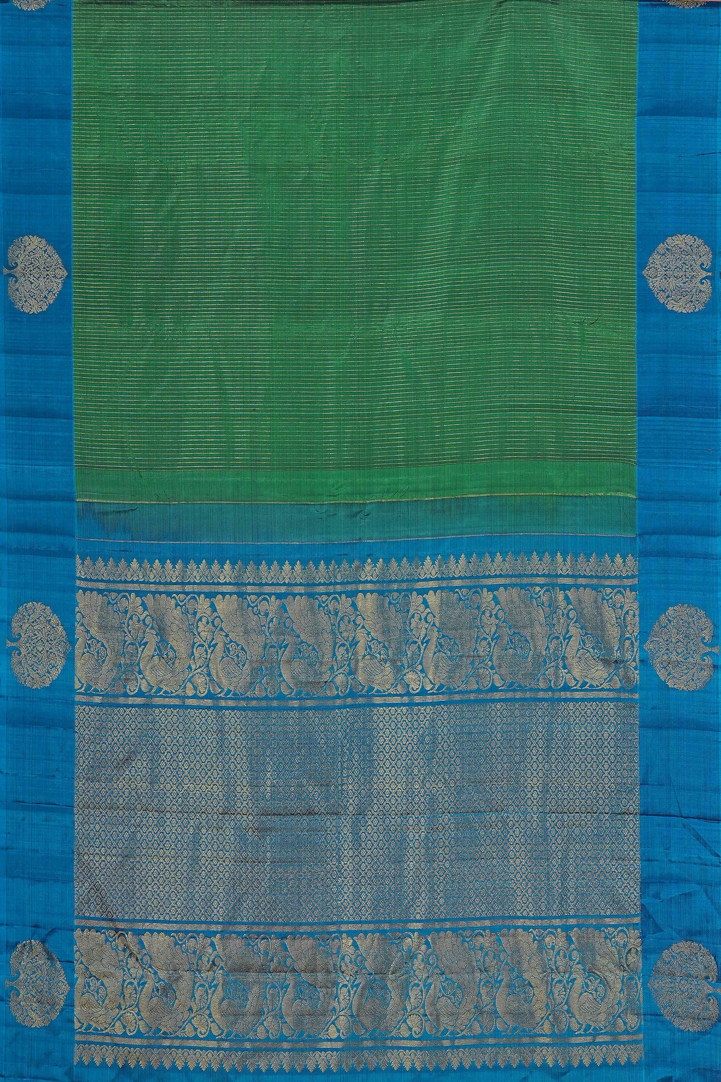 Bottle Green & Royal Blue Striped Border Kanchipuram Pure Silk Saree with Silver Zari Butta