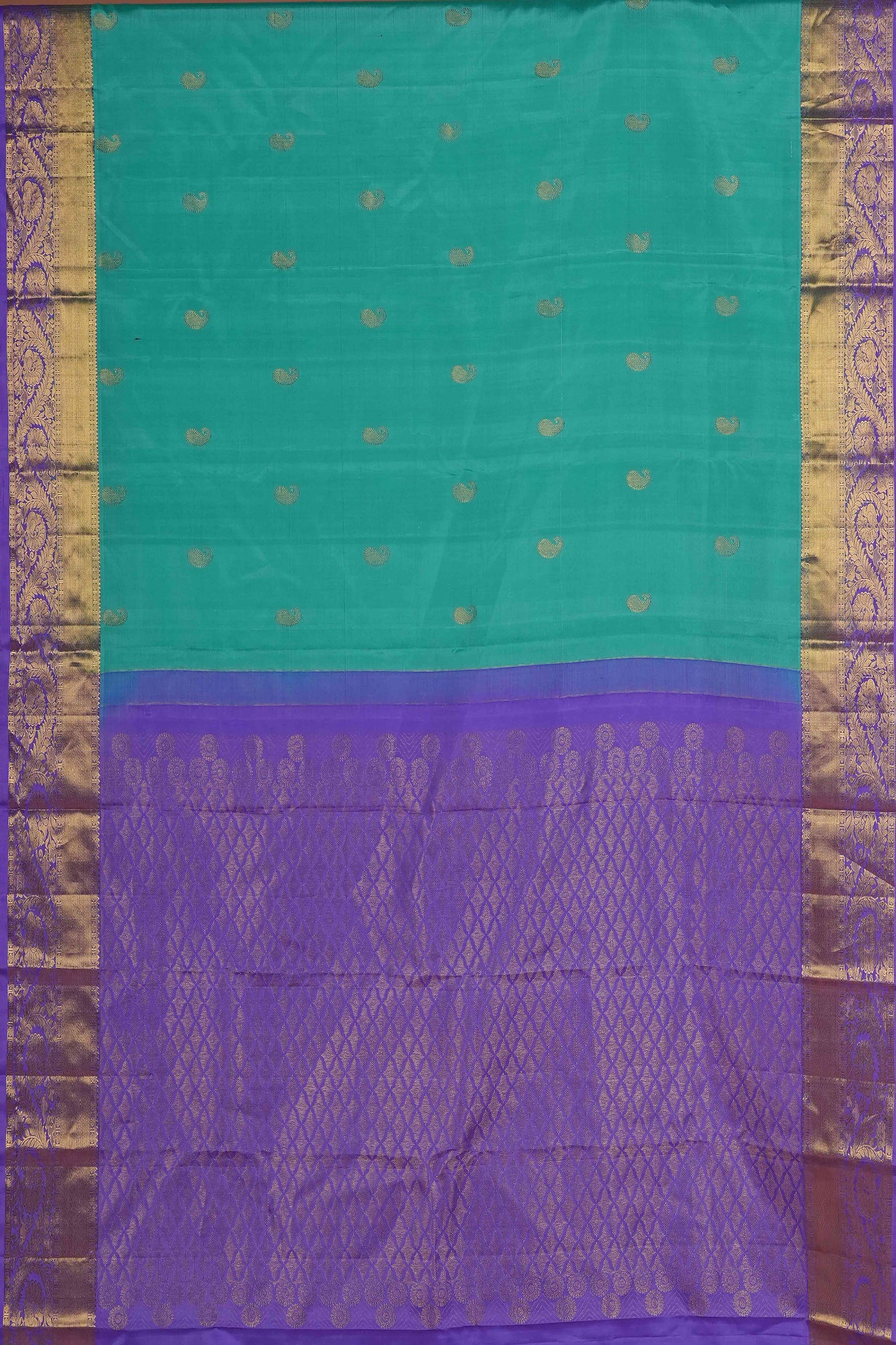 Kanchipuram PAqua Blue & Royal Purple Contrast Border Kanchipuram Pure Silk Saree with Gold Buttas and Rich Zari Palluure Silk