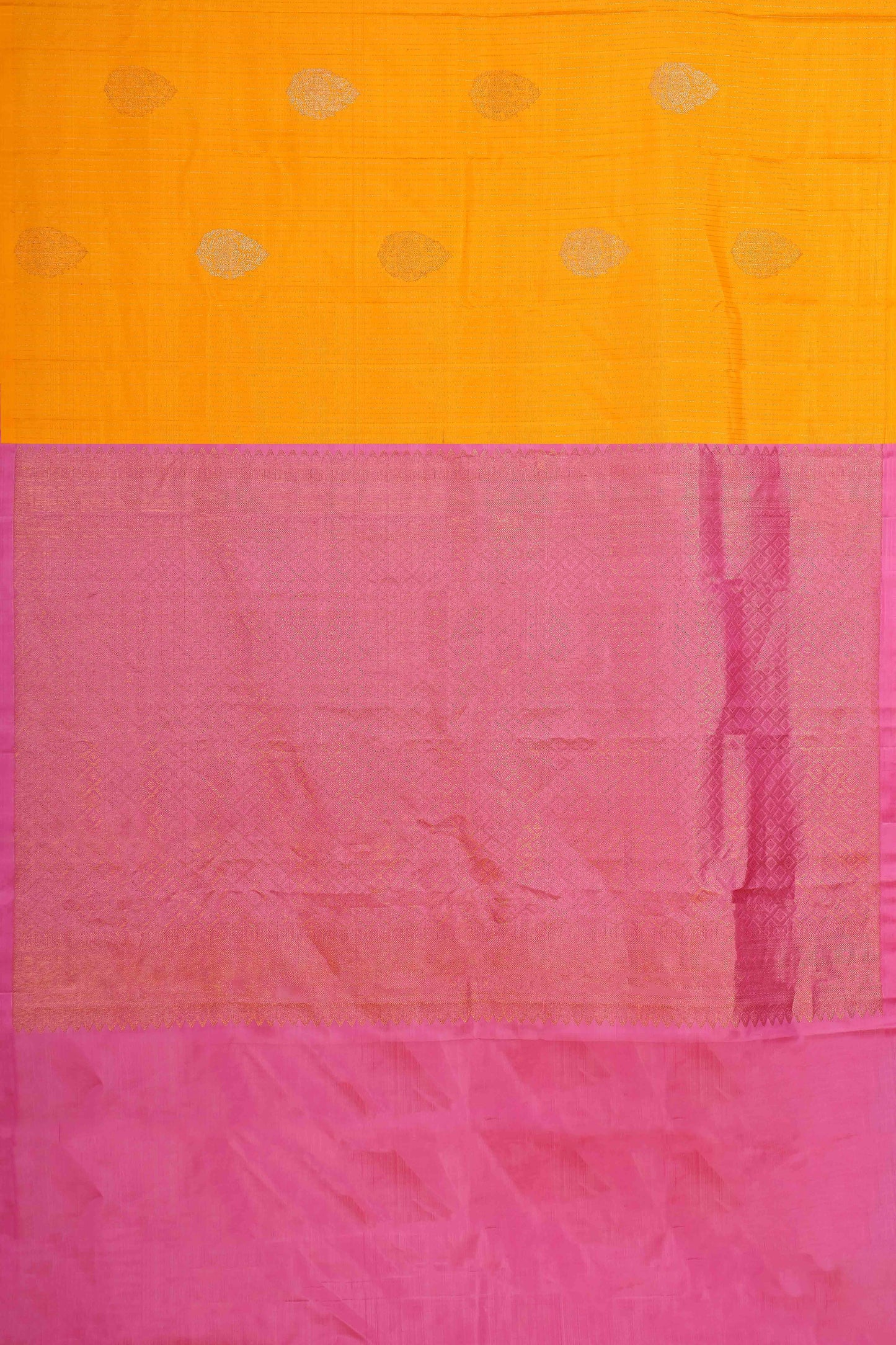 Bright Mustard Yellow & Pink Kanchipuram Pure Silk Saree with Gold Zari Buttas