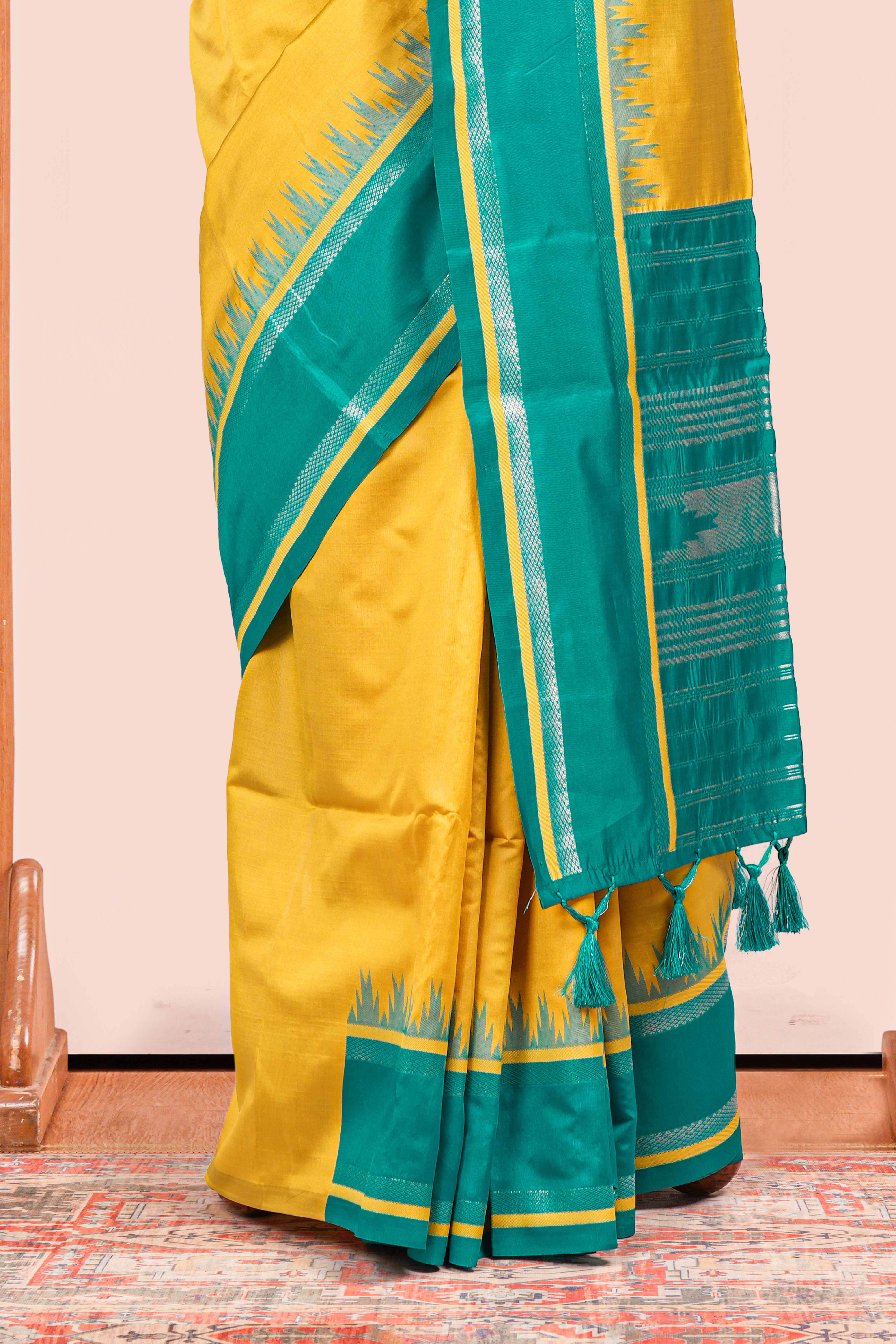 Yellow Retta Petta Art Silk Saree With Plain Body Retta Petta BorderContrast Intricate Gold Zari Stripes Pallu