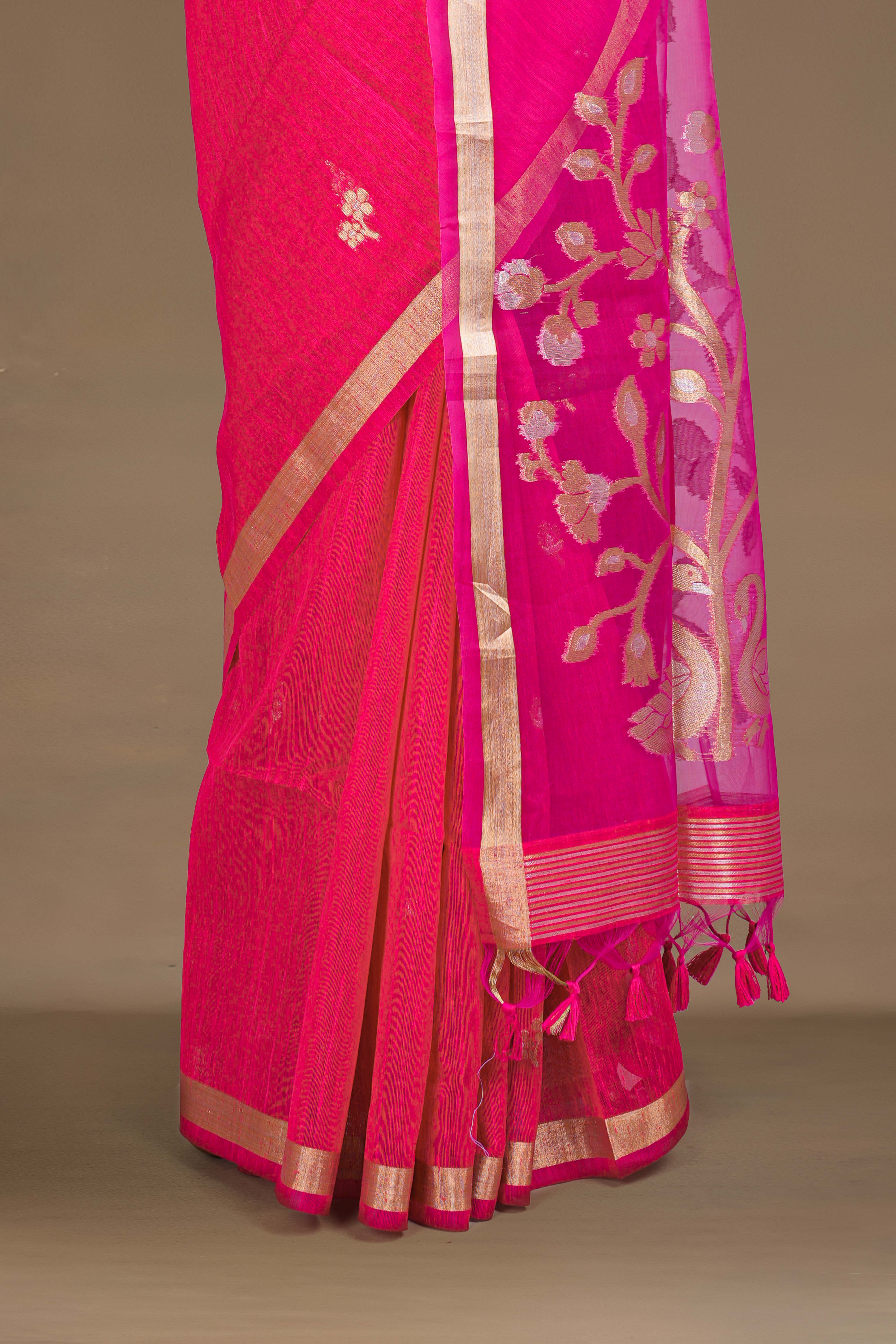 Pink Munga Cotton Zari Butta With Gold Zari Floral Design Pallu