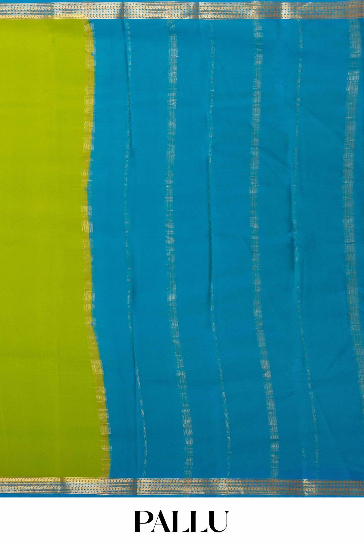 Vibrant Lime Green Pure Mysore Silk Saree with Bright Blue Silver-Toned Zari Border, Soft Draping Texture & Coordinated Designer Pallu