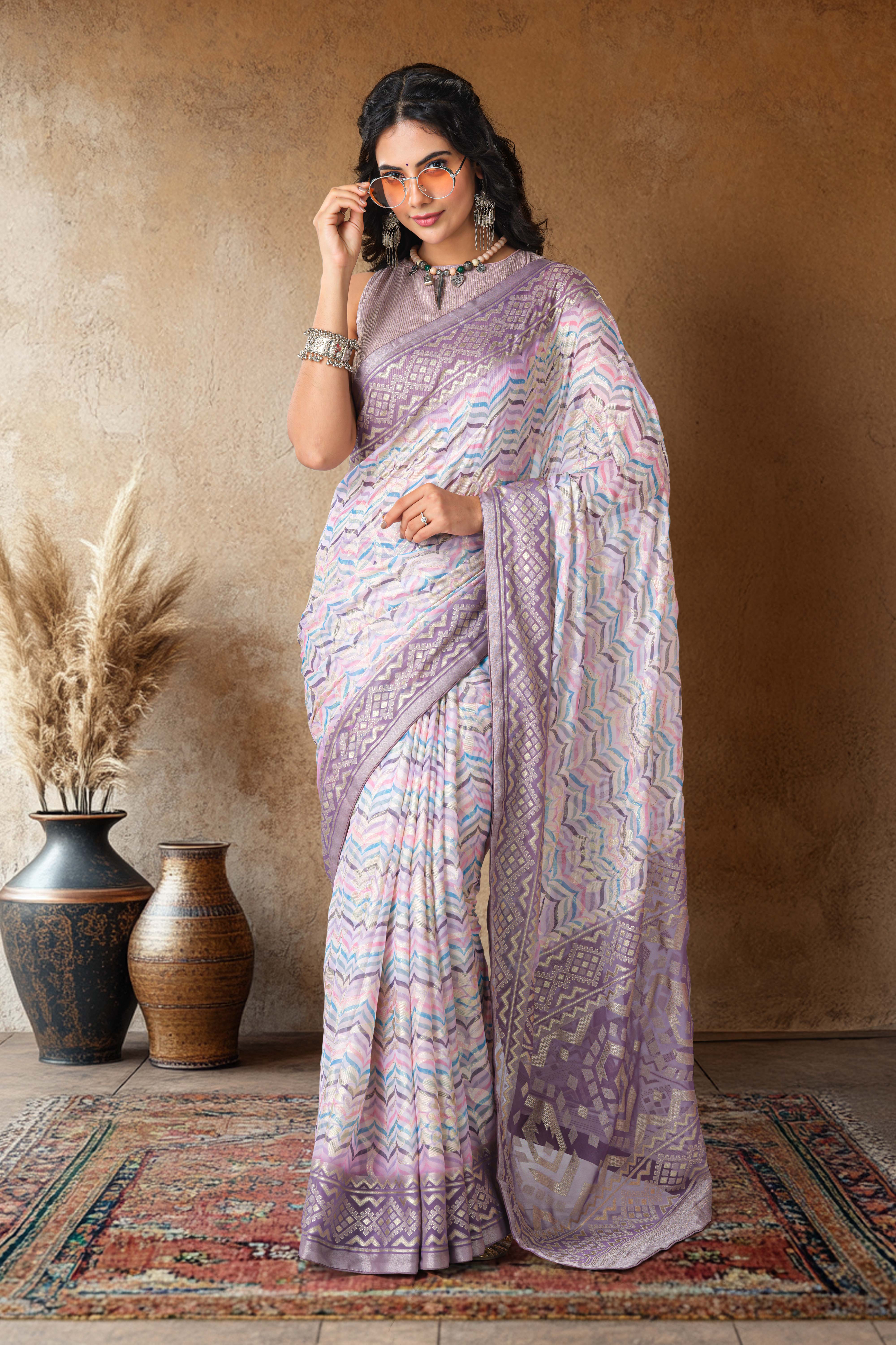 Lavender Brasso Saree Chevron DesignFoil PrintAcross The Body With Contrast Rich Pallu