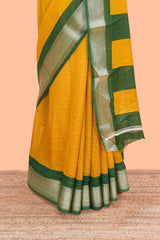 Mustard stripes crepe chiffon saree with contrast border and blouse
