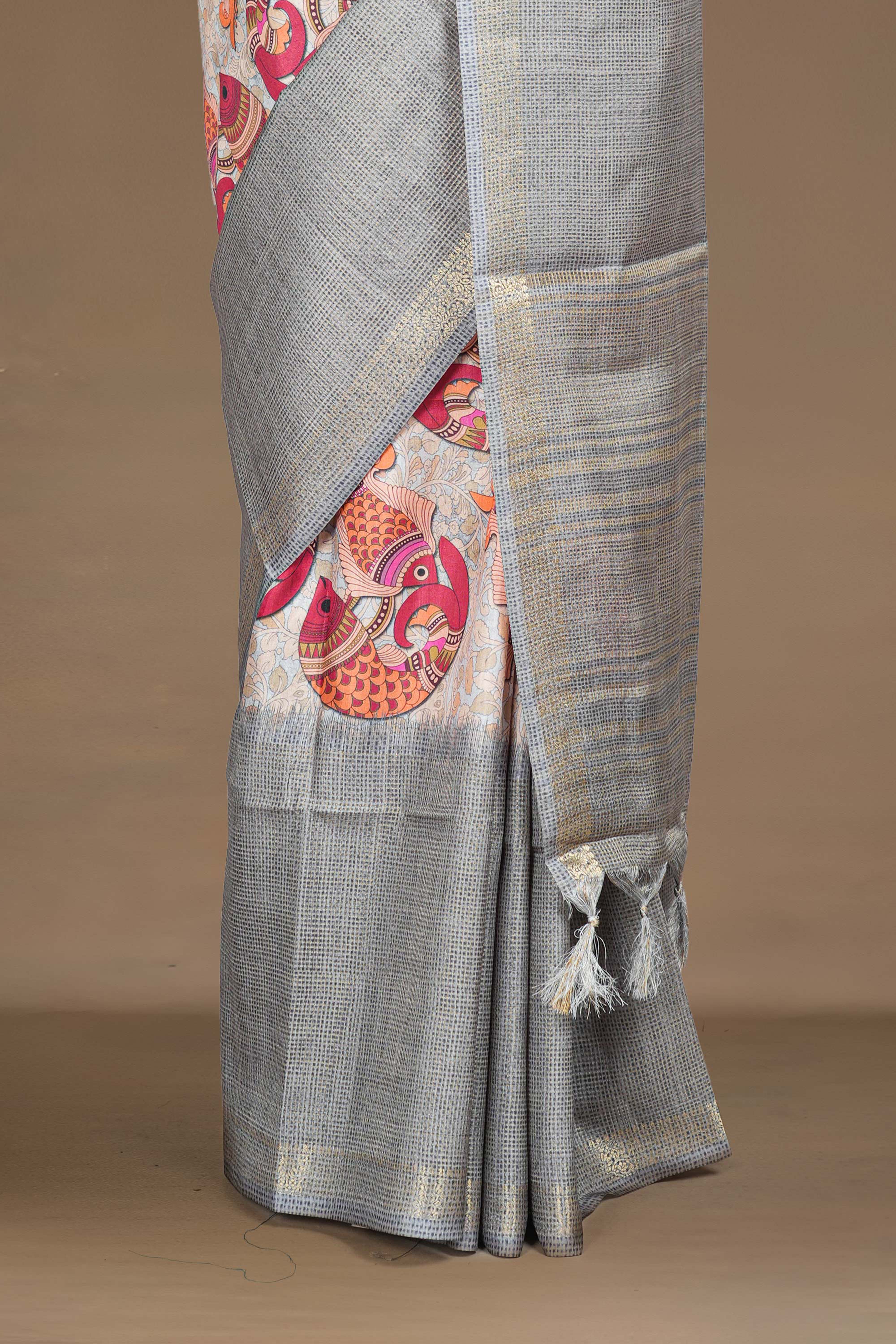 Grey Art Tussar Saree Traditional Madhubani Print Across The Body With Zari Stripes Pallu
