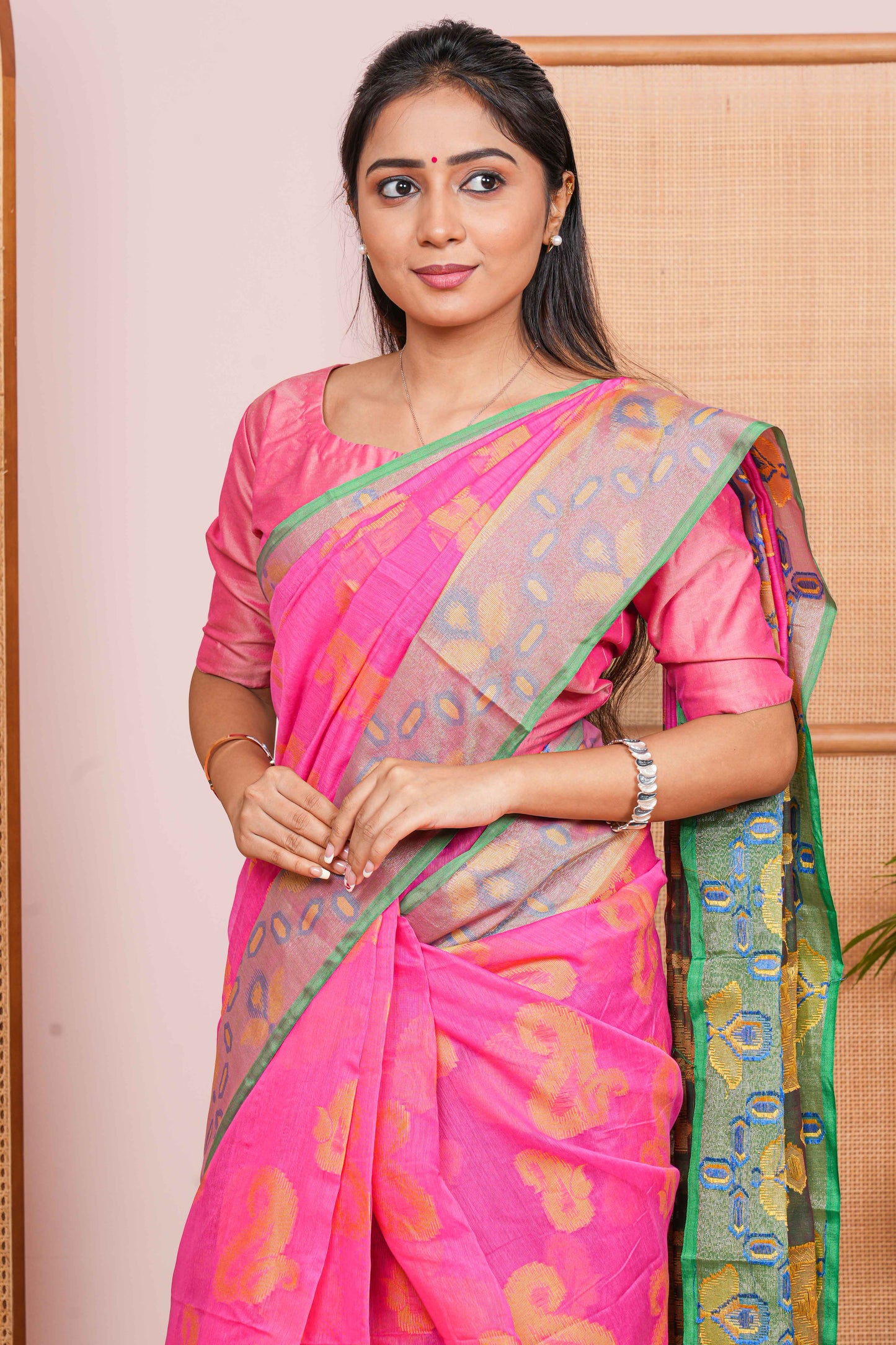 pink chanderi cotton saree with a colorful border