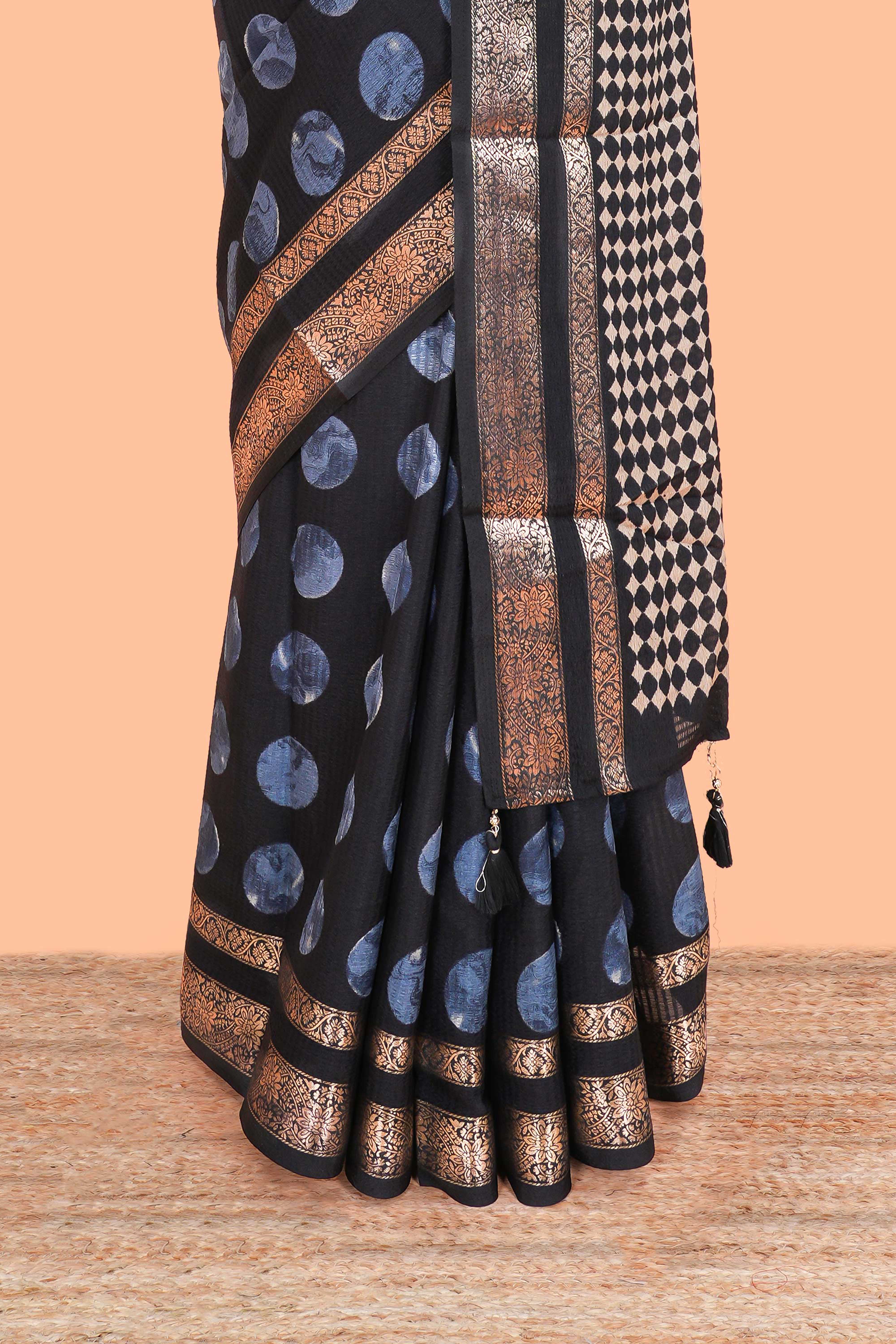 Black Semi Chiffon Saree All Over Moon Design And Retta Petta