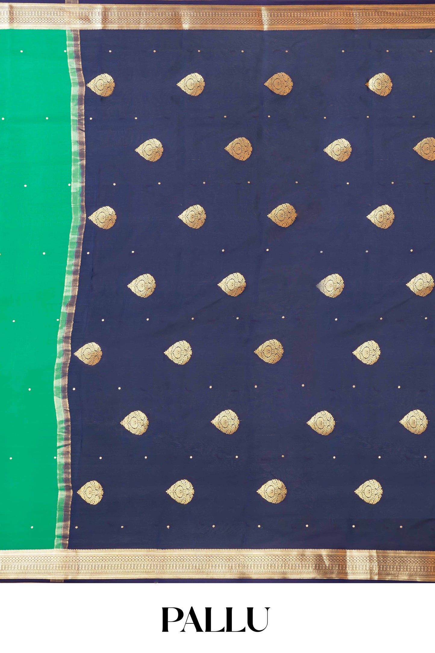 Pure Mysore Silk Saree in Emerald Green with Gold Zari Border and Subtle Body Buttas