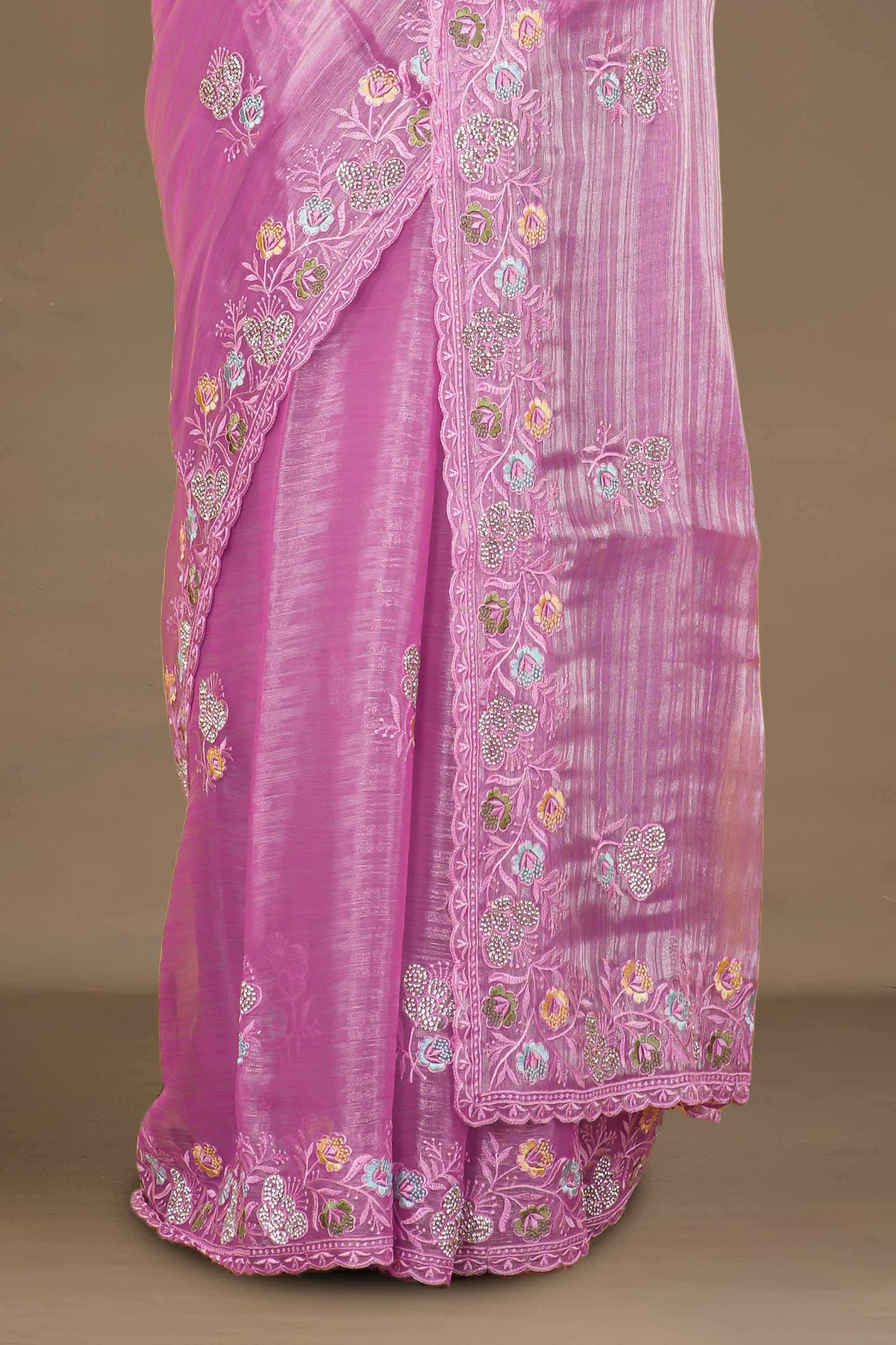 Pink saree with floral embroidery