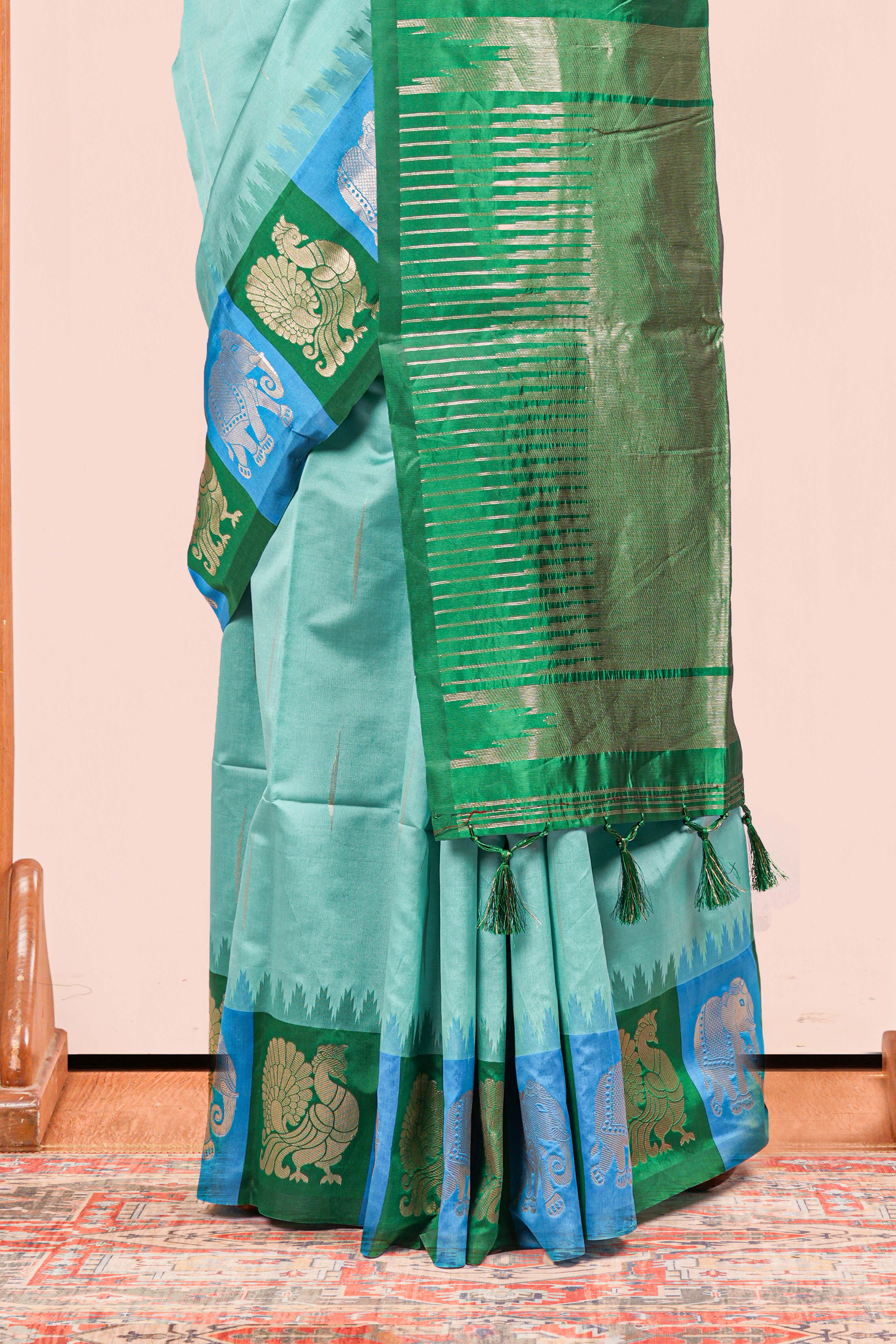 Semi Art Silk Saree All Over Zari Butta With Contrast Golden Zari Weaving Pallu