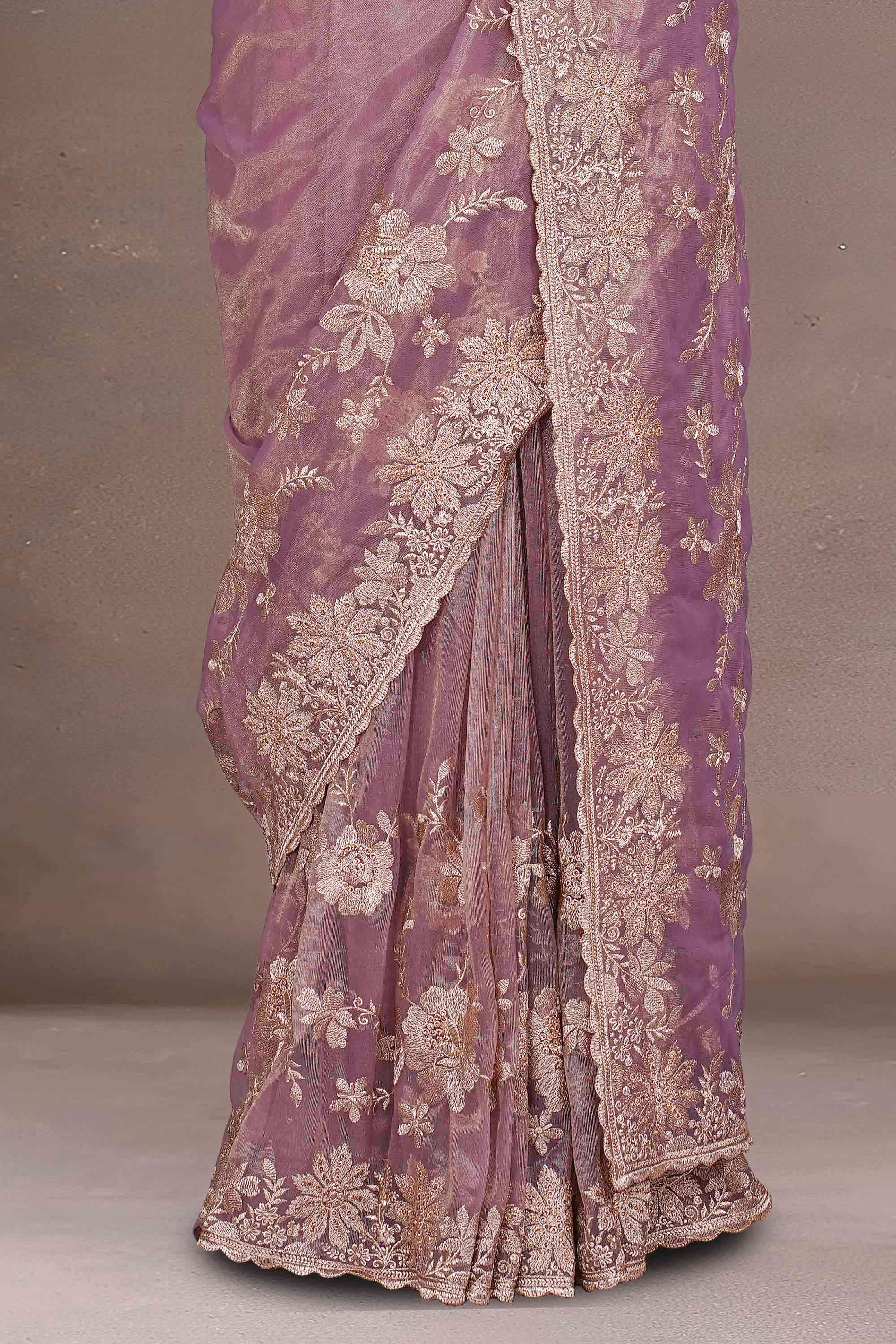 Twill Net Gold Zari Embroidery With Zarkan Diamond Saree