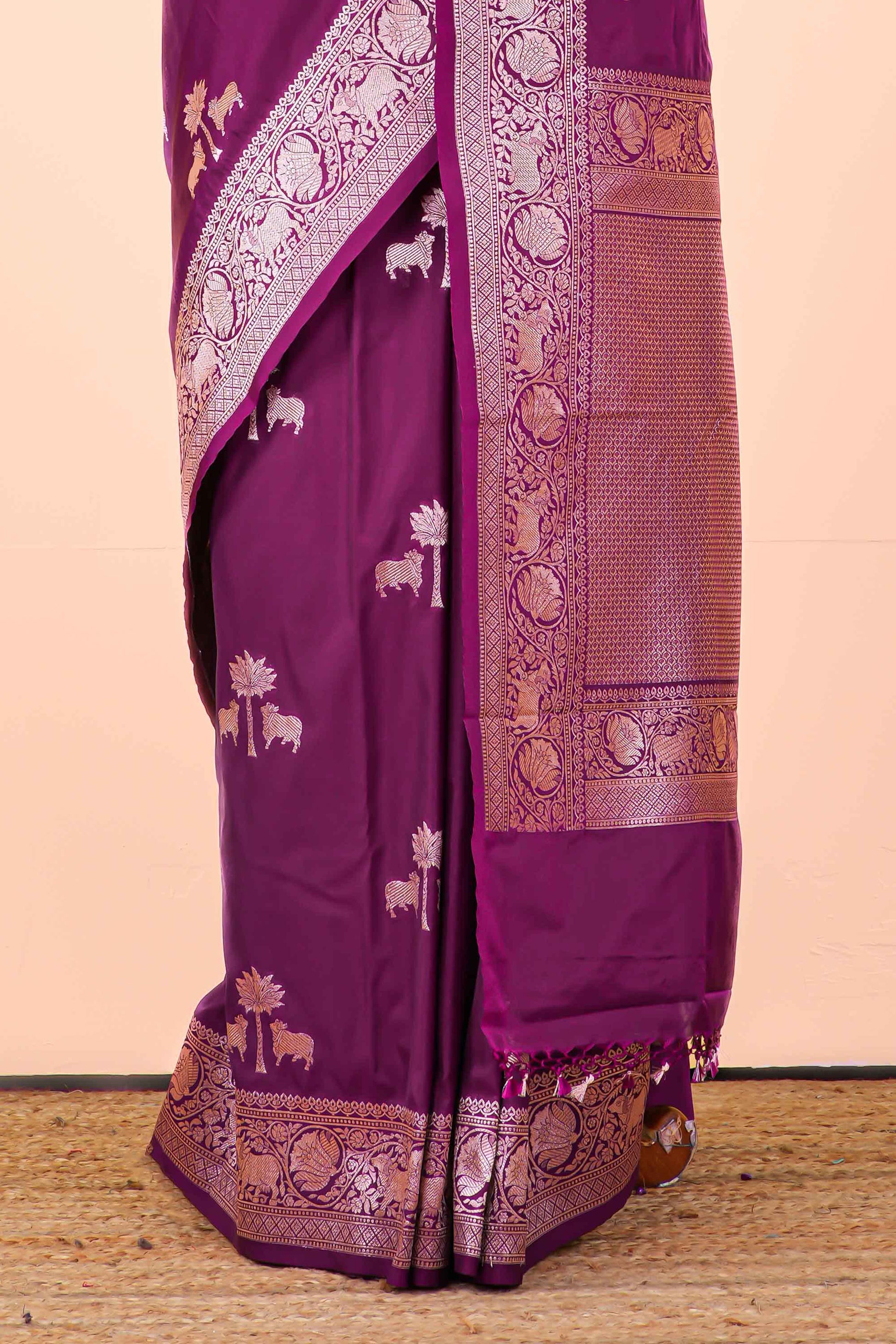 purple saree with silver zari