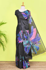 Black south cotton Saree With Multi Color Orchid Printed Across Body Along With White Dotted Blouse