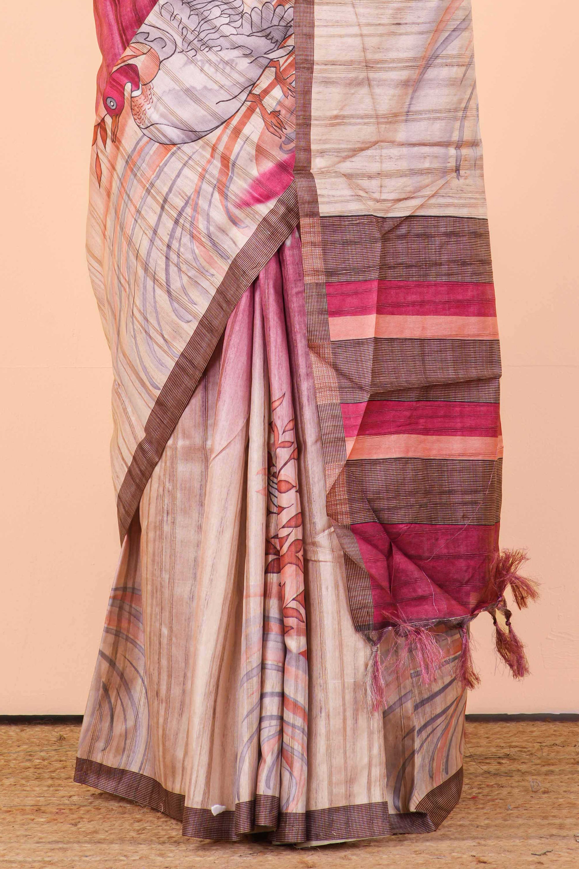 red printed saree with contrast pallu