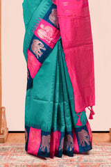 Peacock Blue Semi Art Silk Saree All Over Zari Butta With Contrast Zari Pallu