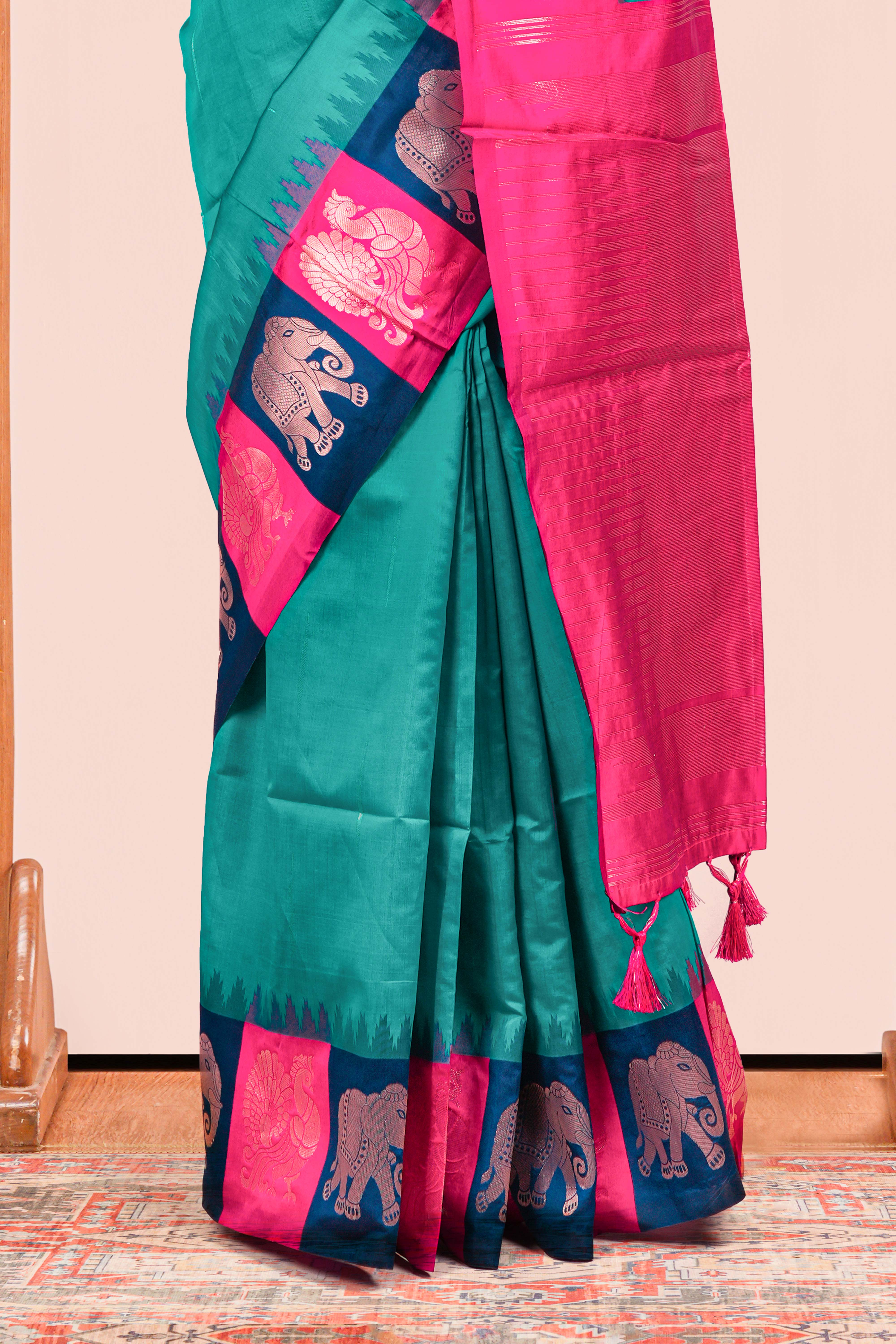 Peacock Blue Semi Art Silk Saree All Over Zari Butta With Contrast Zari Pallu