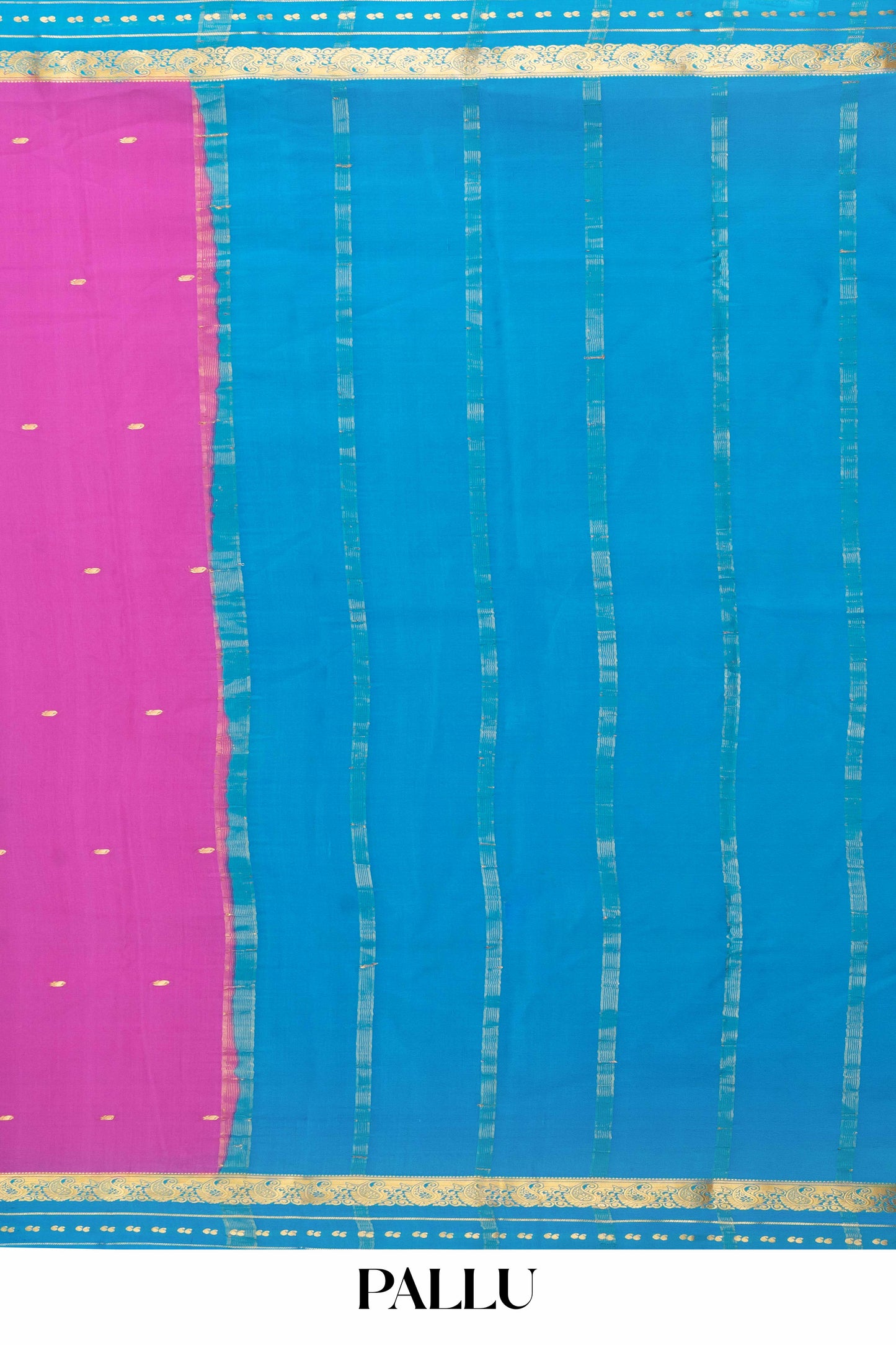 Pure Mysore Silk Saree in Rani Pink with Contrast Blue Zari Border, Body Buttas & Rich Blue Pallu