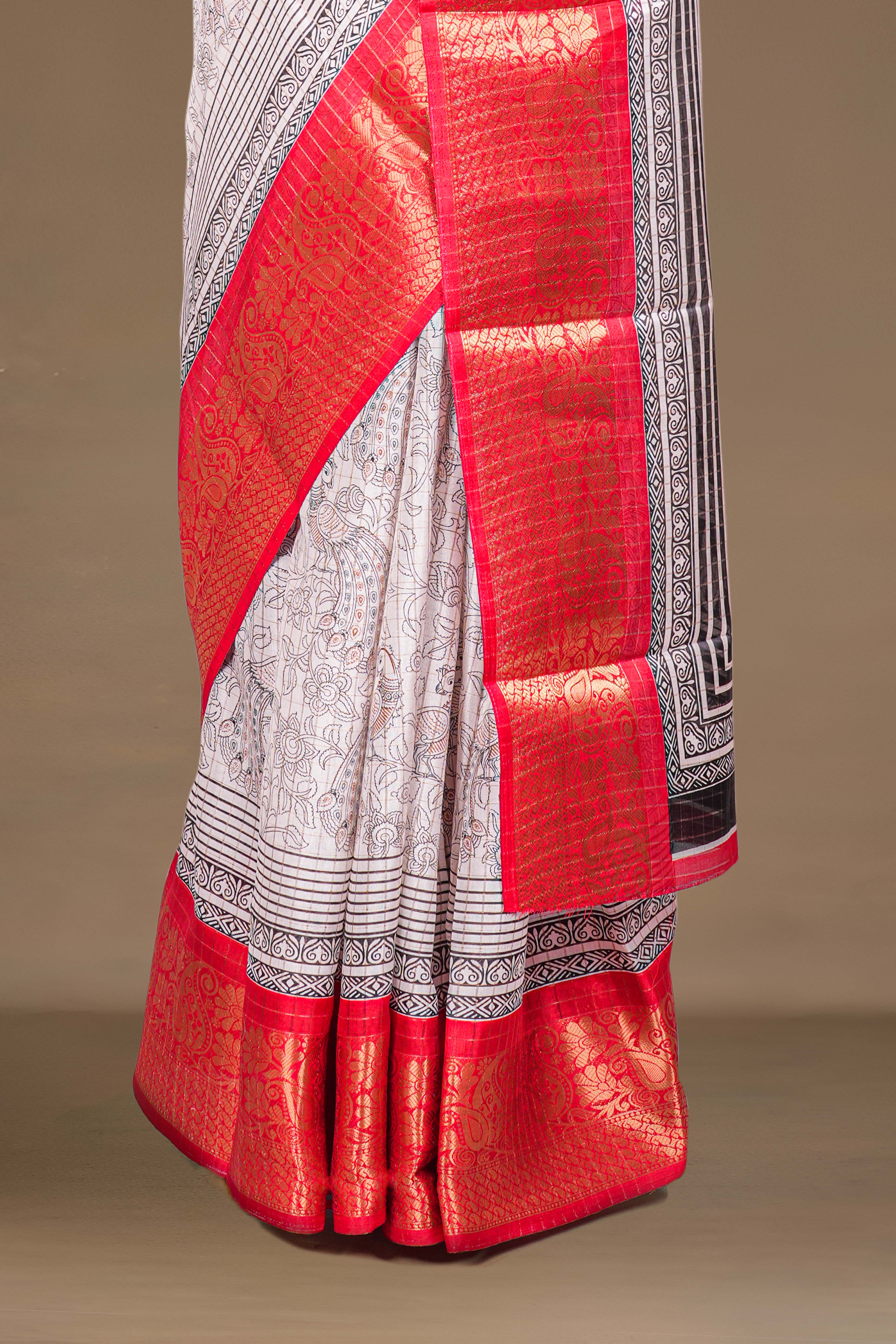 White Dola Silk Saree Pen Kalamkari Print Across The Body With Contrast Floral Zari Weaving Border Along With Zari Stripes Blouse