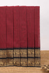 Red plain chettinad cotton saree with contrast zari border and matching blouse