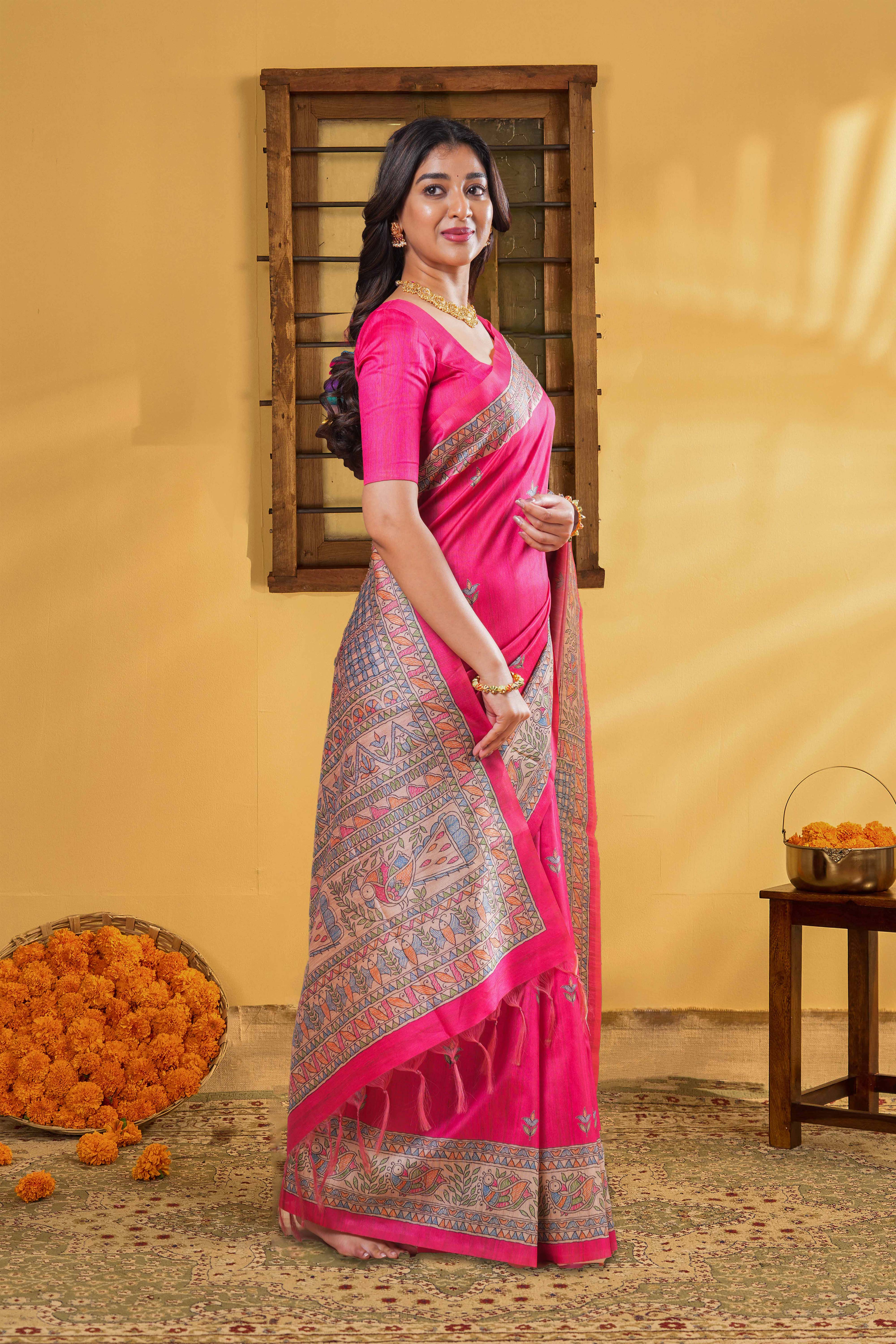 Art Tussar Saree Leaf Motifs Across The Body And Madhubani Print Pallu