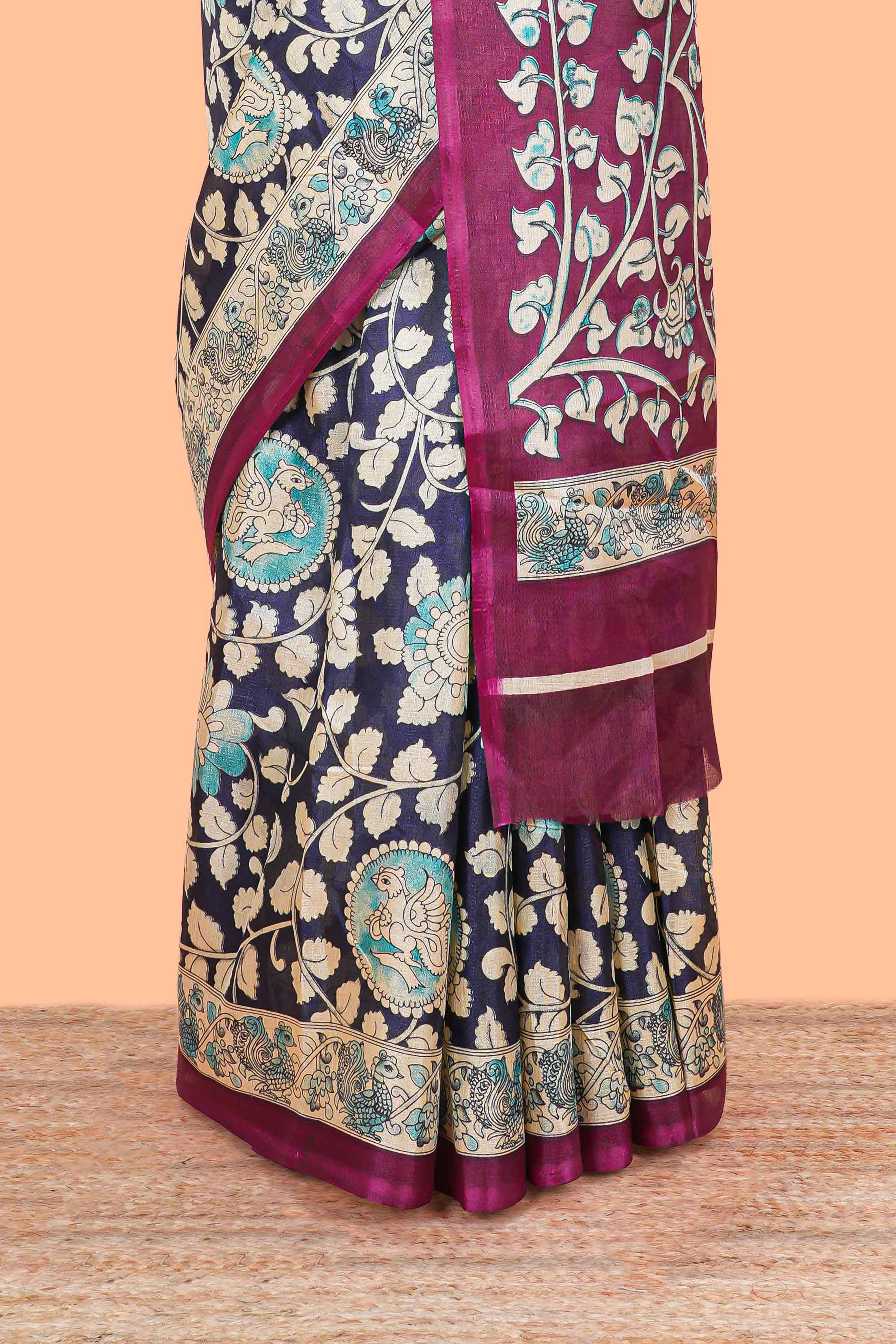 Blue floral vine kalamkari style south cotton saree with contrast border and blouse