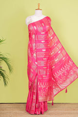 Rani Pink Viscose Georgette Saree Zari Woven Stripes, Floral Pattern Across The Body With Paisley Motifs Pallu