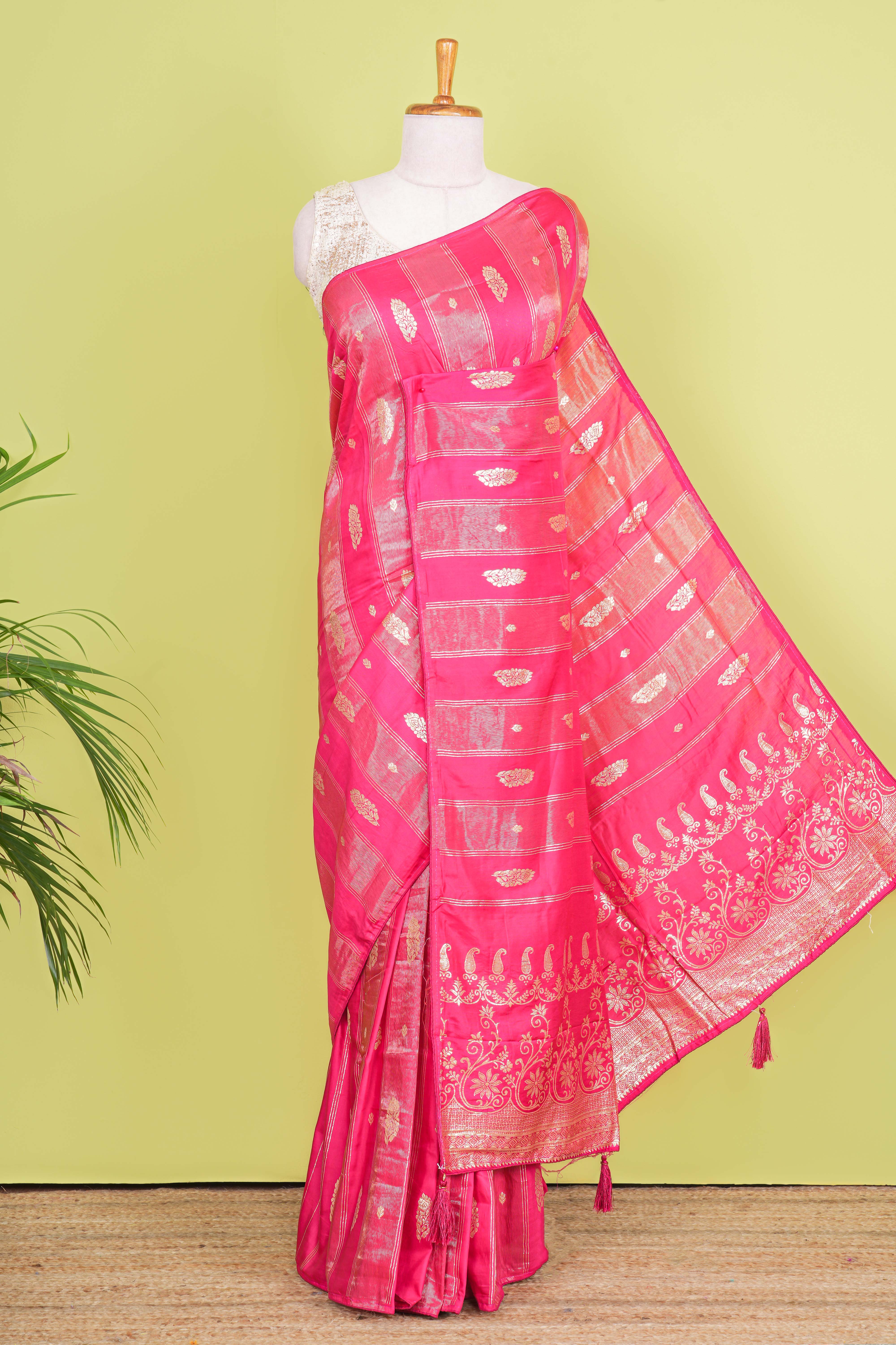 Rani Pink Viscose Georgette Saree Zari Woven Stripes, Floral Pattern Across The Body With Paisley Motifs Pallu