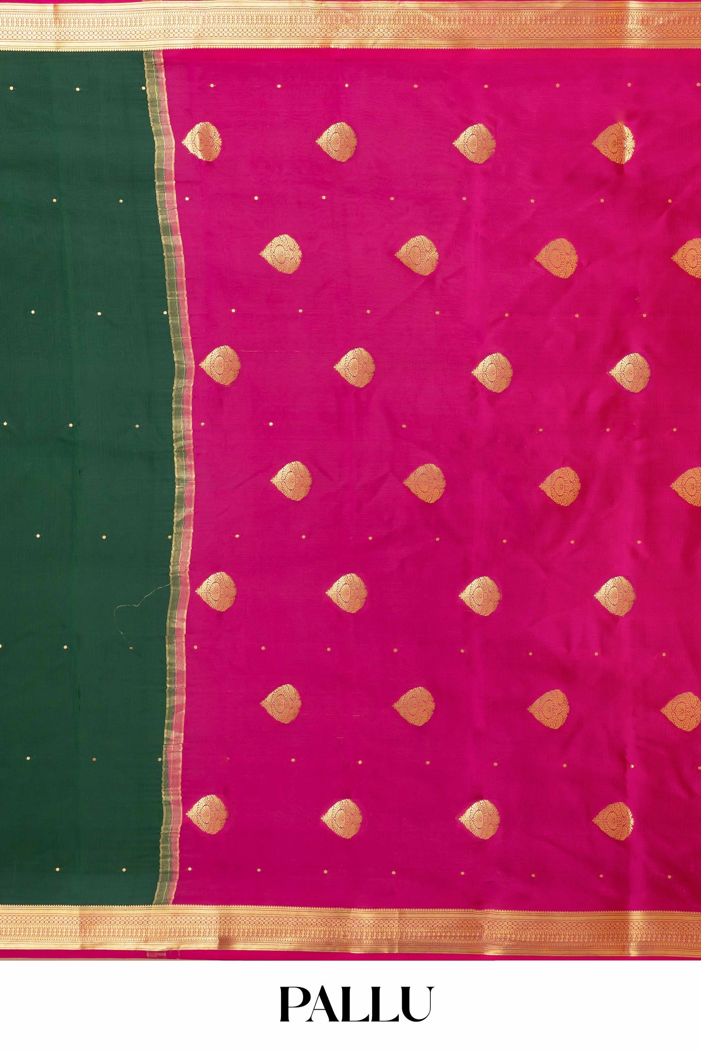Bottle Green Pure Mysore Silk Saree with Contrast Pink-Gold Border, Subtle Gold Butta & Elegant Pallu