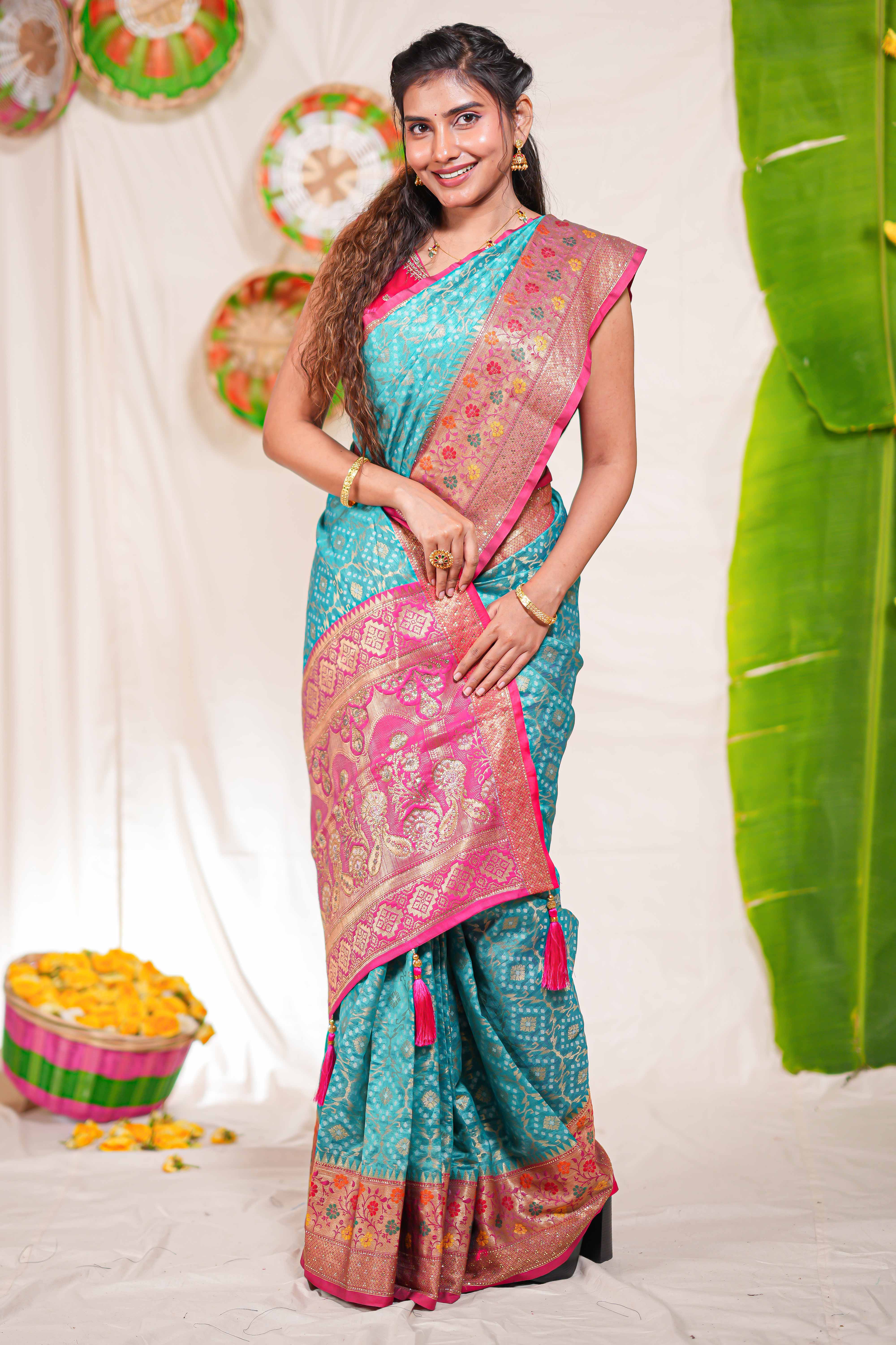 Peacock blue geometric design kota cotton saree with contrast border and printed pallu