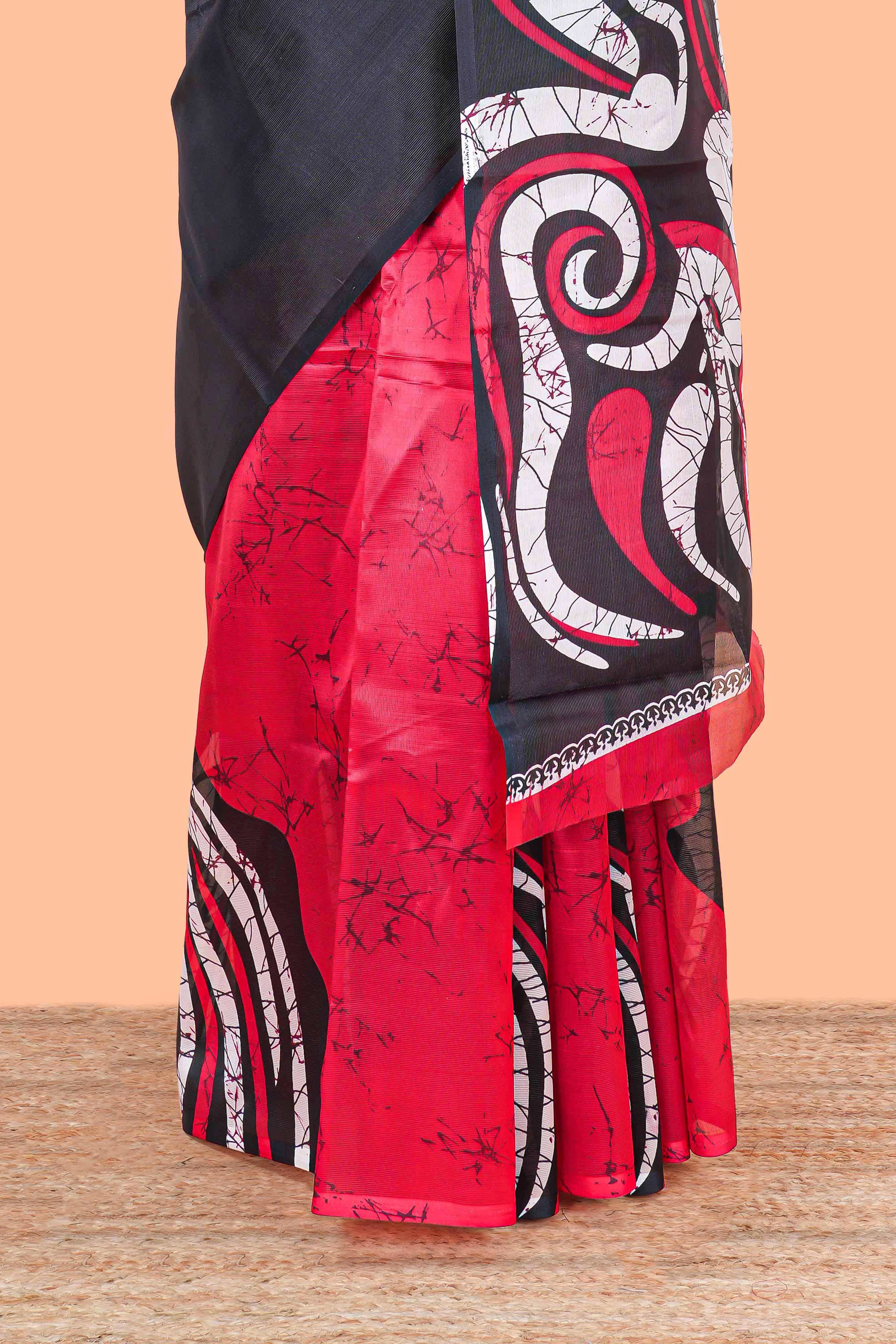 Red Lichi Cotton Saree Border Less All Over Body And Pallu Abstract Print Design