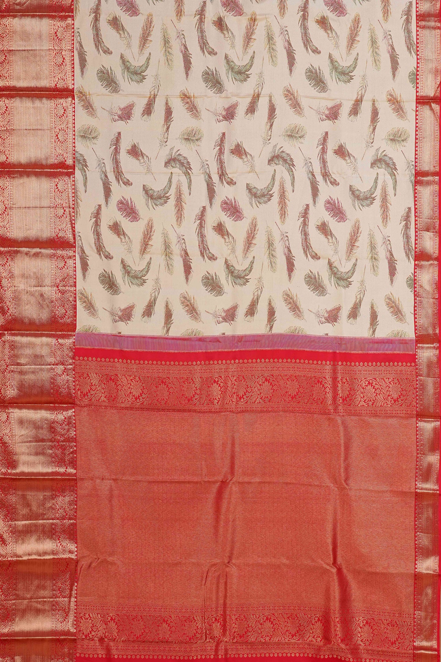 Ivory & Red Contrast Border Wings Design Kanchipuram Pure Silk Saree