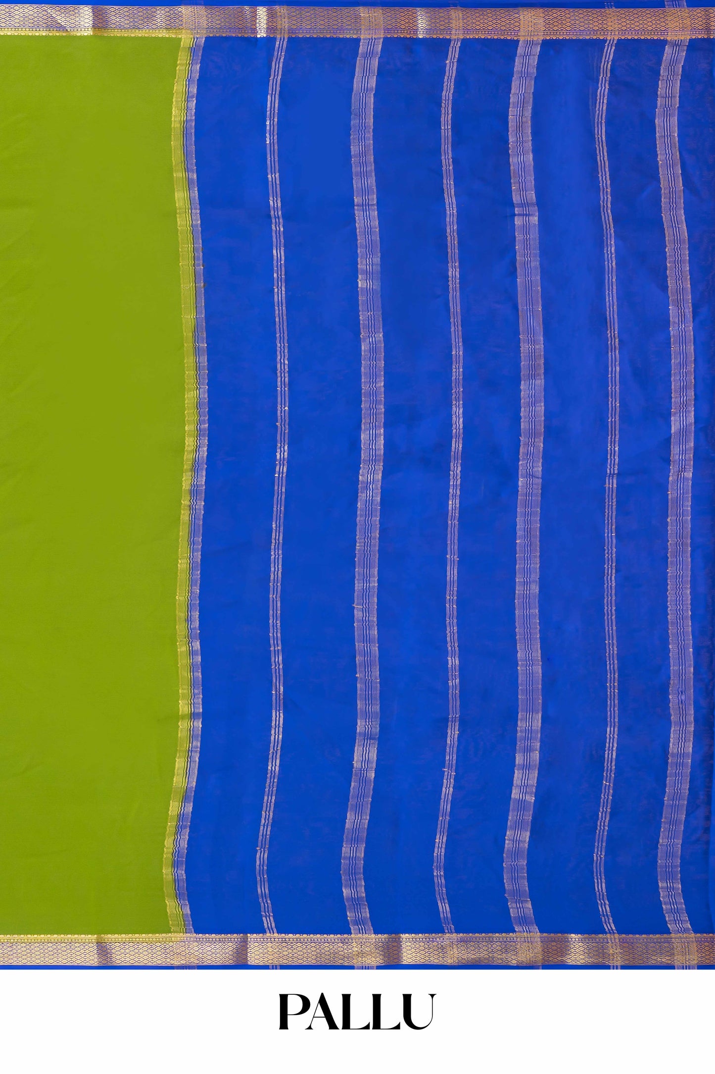 Graceful Olive Green Pure Mysore Silk Saree with Contrasting Blue-Silver Zari Border & Classic Striped Blue Pallu