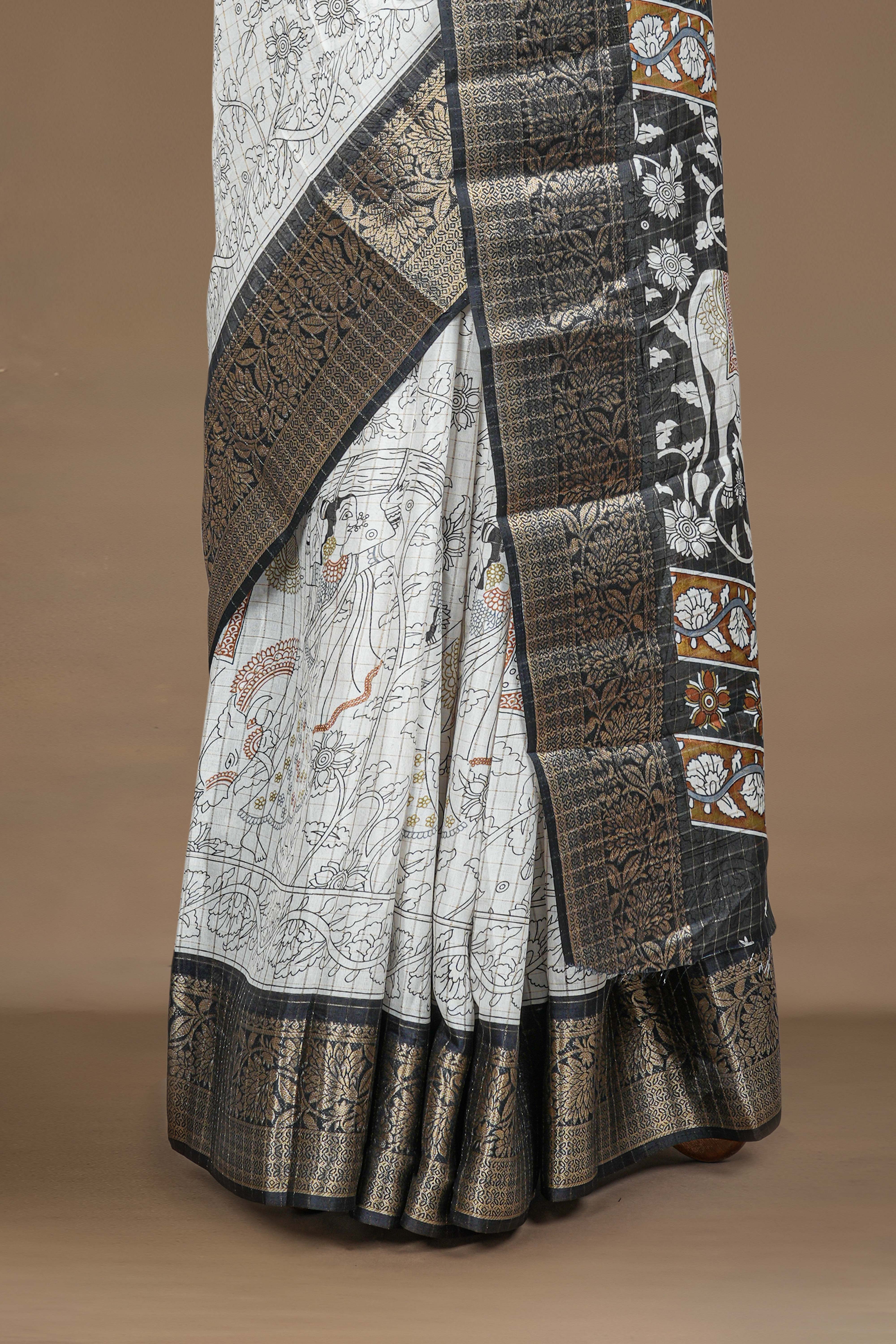 Dola Silk Saree Pen Kalamkari Print Across The Body With Contrast Floral Zari Weaving Border Along With Zari Stripes Blouse