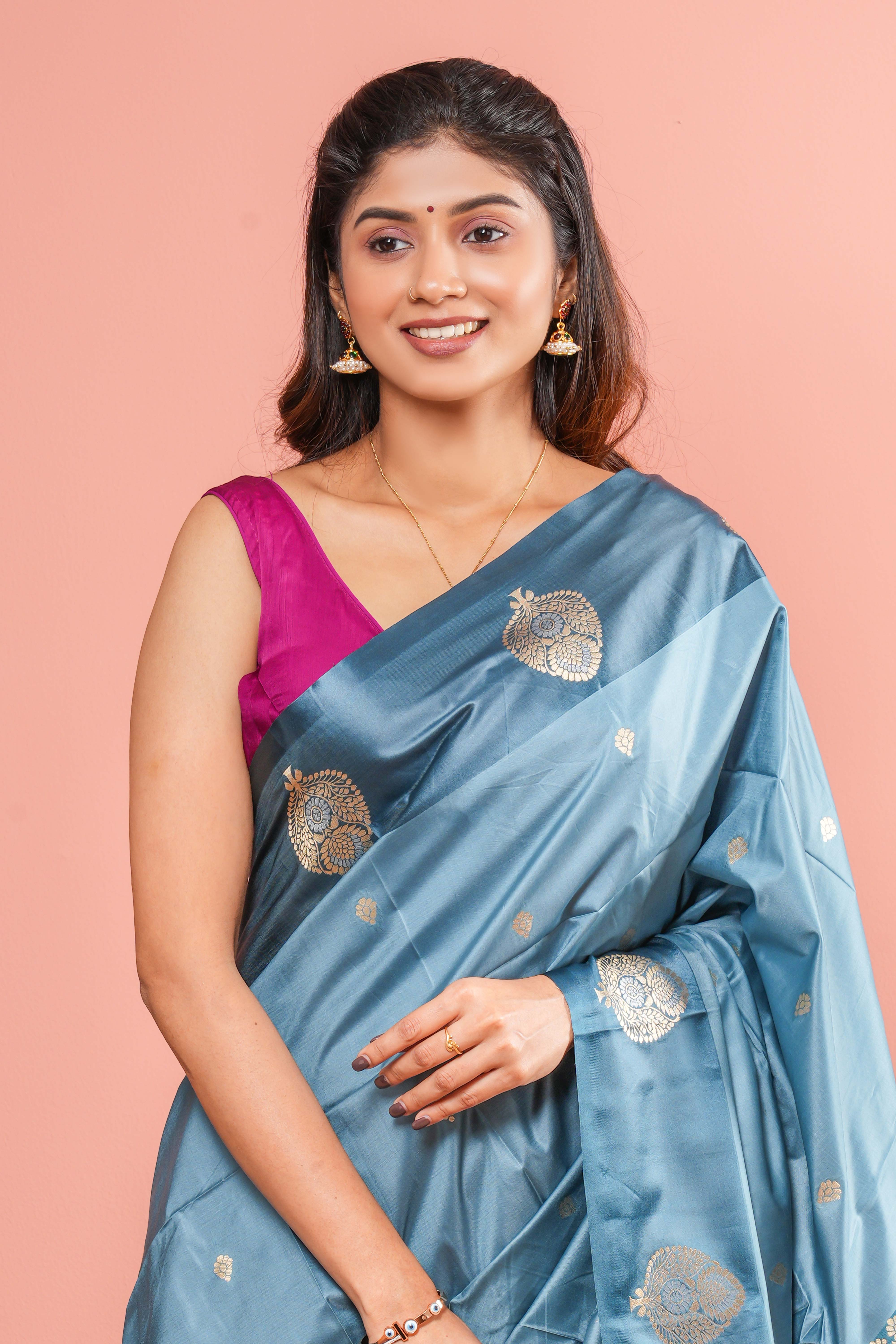 Art Silk Saree Zari Butta Across The Body With Gold Zari Weaving Pallu