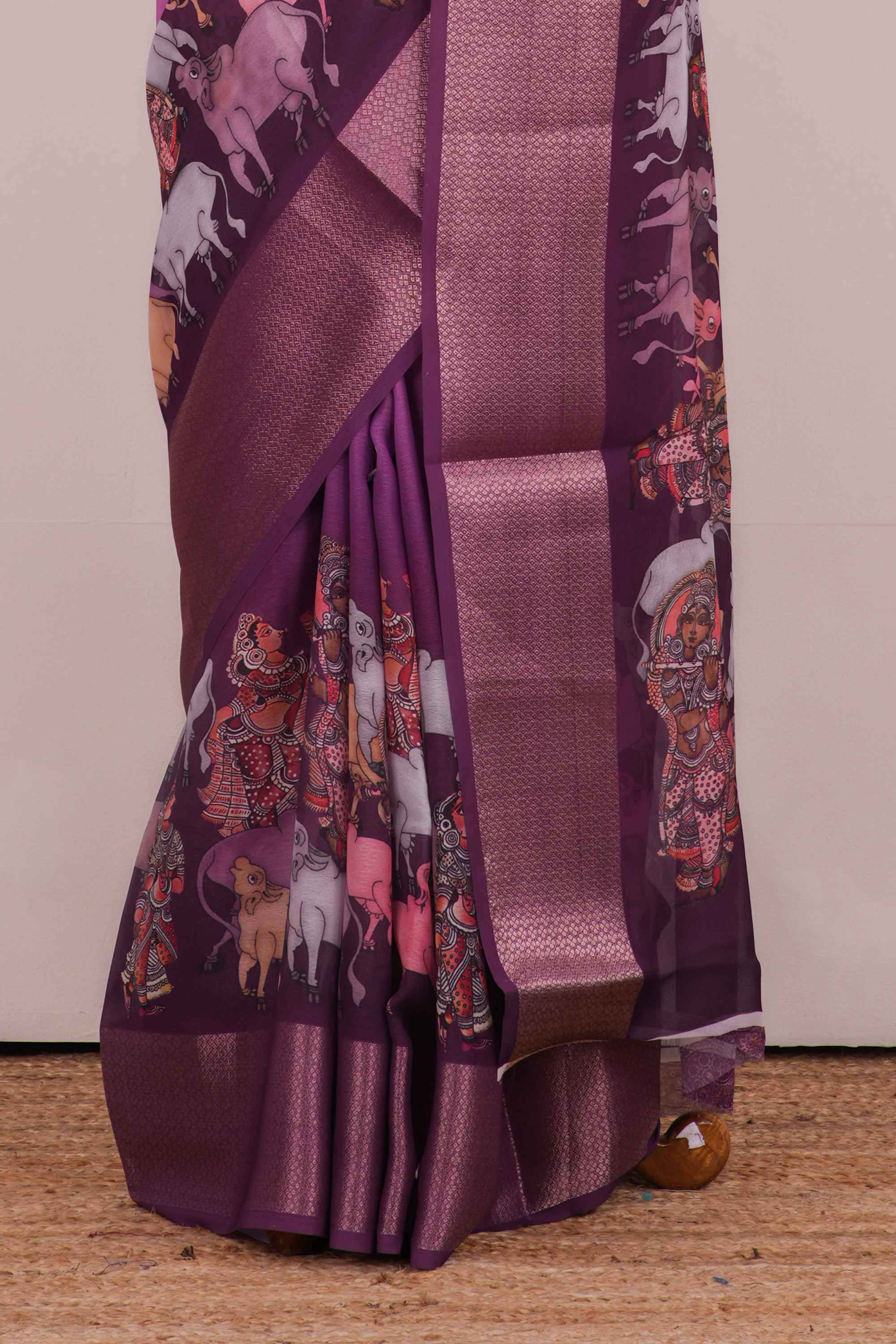 Semi Chiffon and Pattachitra Printed Saree With Jacquard Border Along With Blouse