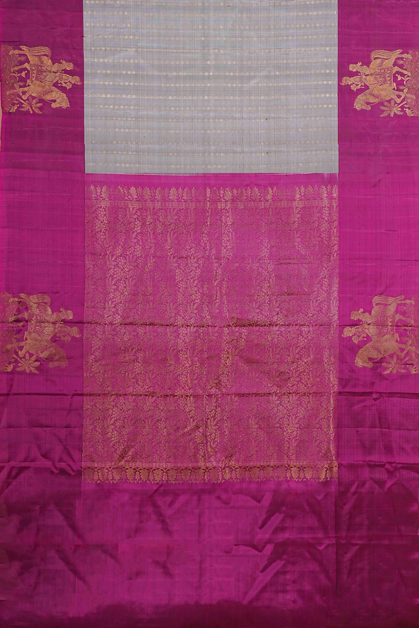 Grey Body with Wine Contrast Border Kanchipuram Pure Silk Saree featuring Lion Motif Zari Weaving